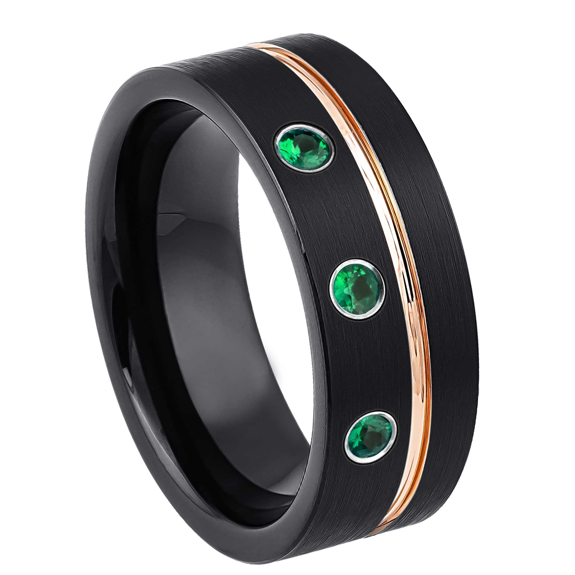 Personalized Black Pipe Cut Tungsten Wedding Band with 3 Emerald Gemstones, Rose Gold Grooved Trim, Comfort-fit, Mens Engagement Band, Anniversary Ring, 8MM