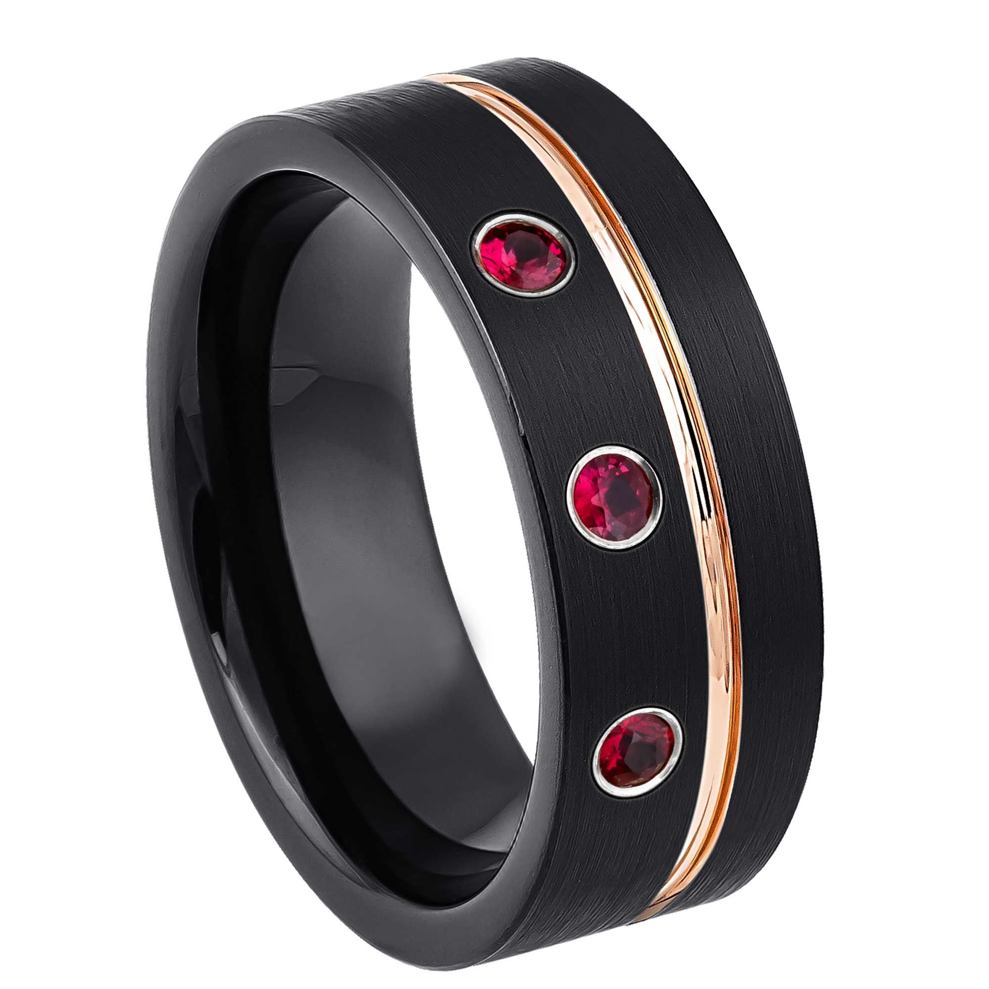 Personalized Black Pipe Cut Tungsten Wedding Band with 3 Ruby Gemstones, Rose Gold Grooved Trim, Comfort-fit, Mens Engagement Band, Anniversary Ring, 8MM