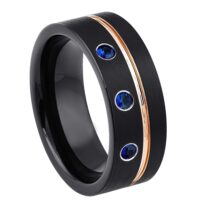 Personalized Black Pipe Cut Tungsten Wedding Band with 3 Blue Sapphire Gemstones, Rose Gold Grooved Trim, Comfort-fit, Mens Engagement Band, Anniversary Ring, 8MM