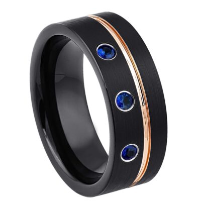 Personalized Black Pipe Cut Tungsten Wedding Band with Blue Sapphire Gemstone, Rose Gold Grooved Trim, Comfort-fit, Mens Engagement Band, Anniversary Ring, 8MM