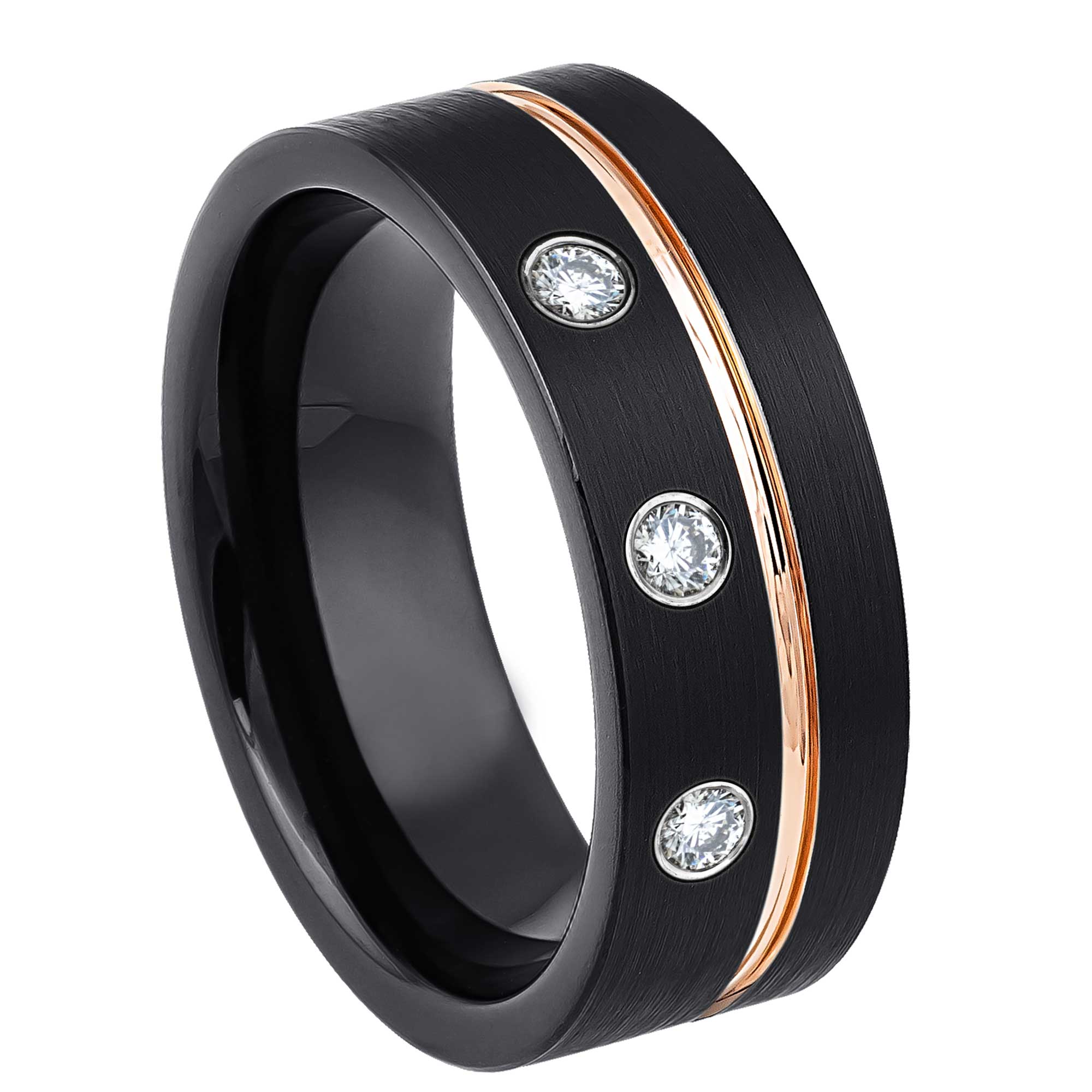 Personalized Black Pipe Cut Tungsten Wedding Band with 3 Diamond Gemstones, Rose Gold Grooved Trim, Comfort-fit, Mens Engagement Band, Anniversary Ring, 8MM