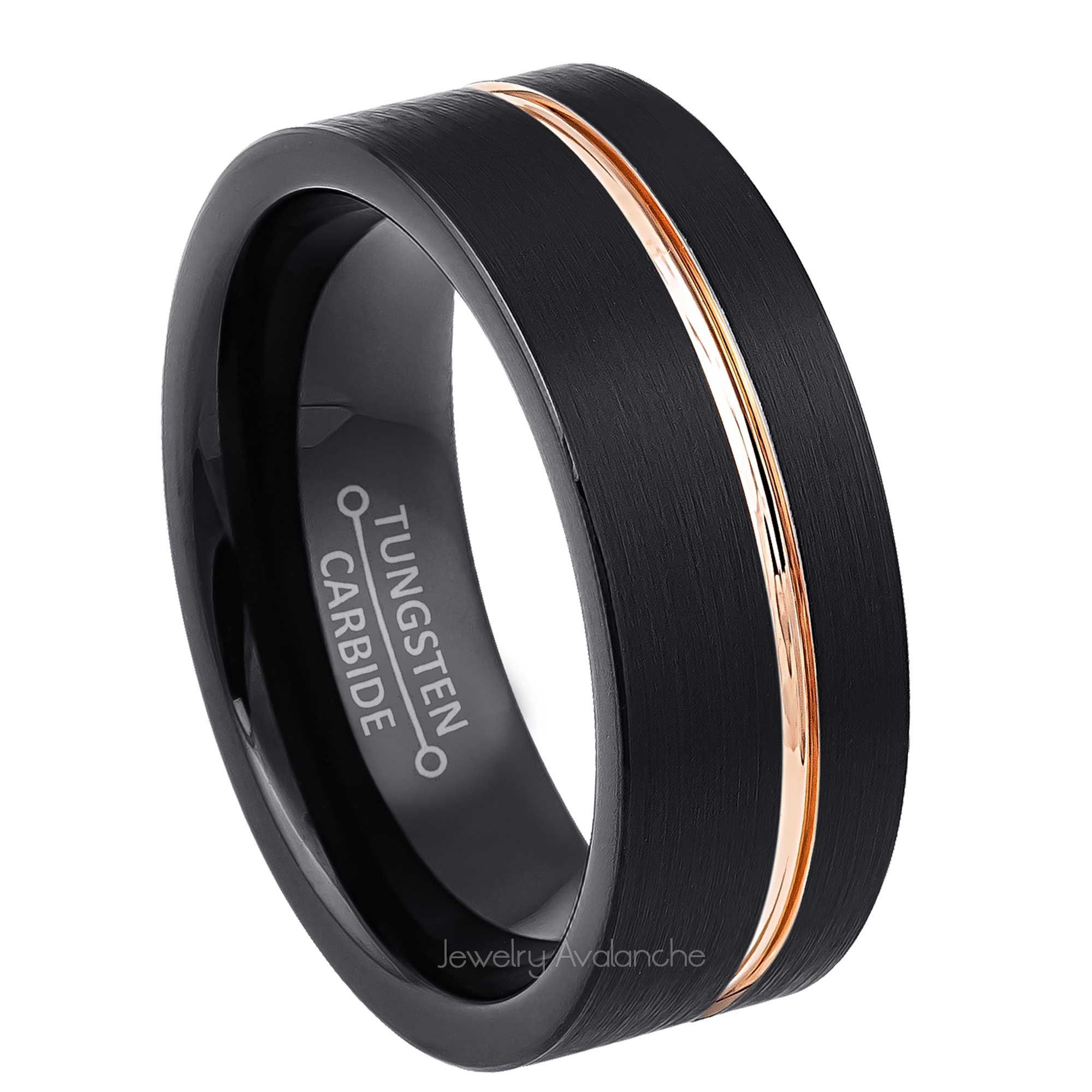 8mm Mens Black Tungsten Wedding Band, Off Center Groove Comfort-Fit, Pipe Cut Style, Tungsten Carbide Ring