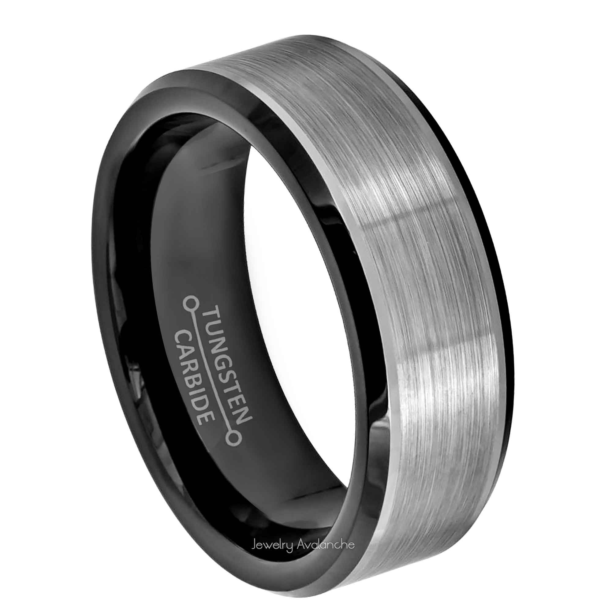 8mm Mens 2-Tone Tungsten Wedding Band, Brushed Center Comfort-Fit, Beveled Edge Style, Tungsten Carbide Ring