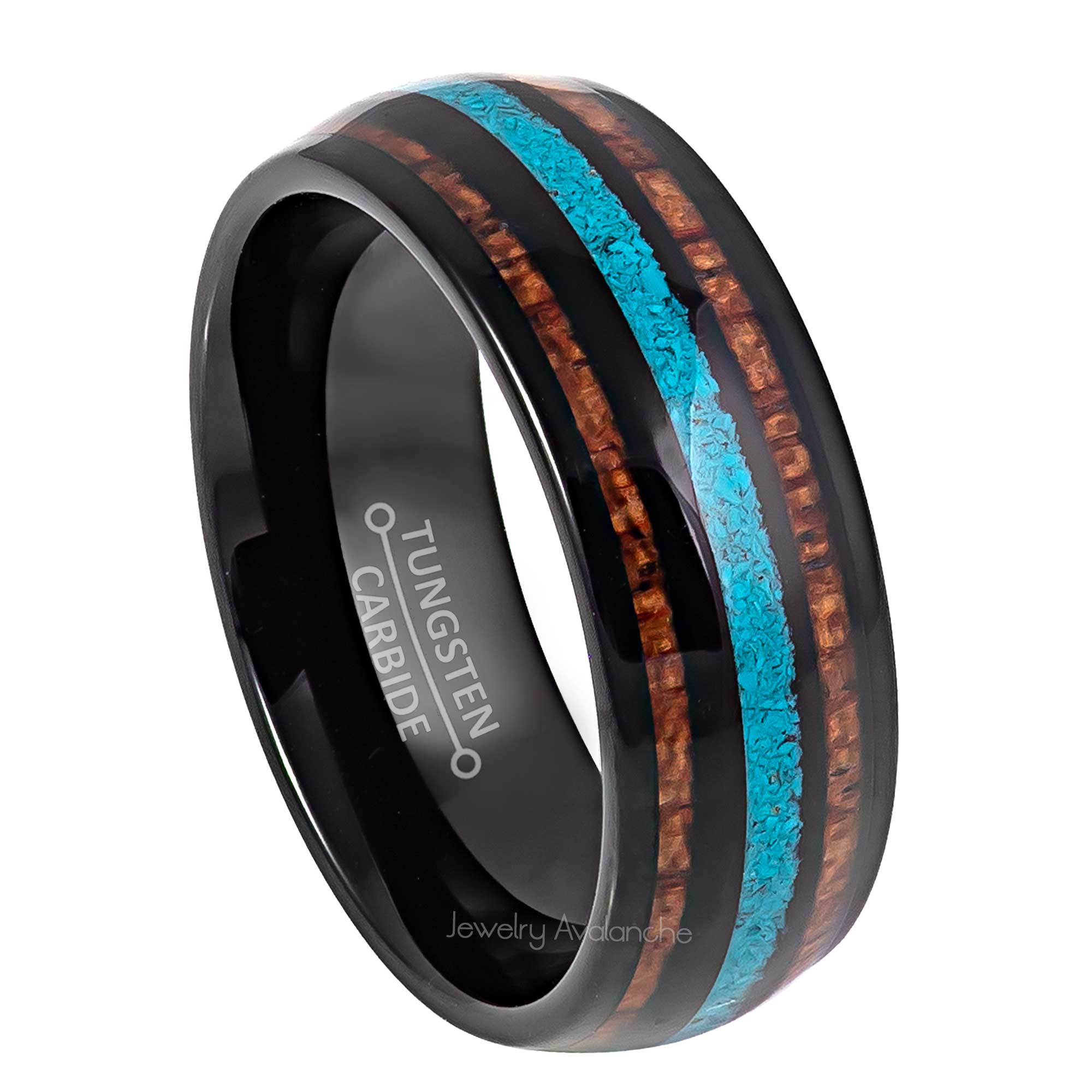 8mm Mens Black Tungsten Wedding Band, Wood & Turquoise Inlay Comfort-Fit, Dome Style, Tungsten Carbide Ring