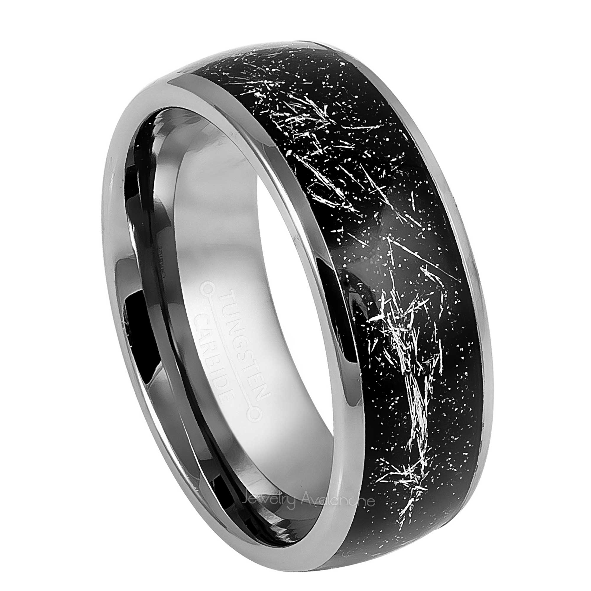 8mm Mens Tungsten Wedding Band, Metallic Shavings Inlay Comfort-Fit, Dome Style, Tungsten Carbide Ring