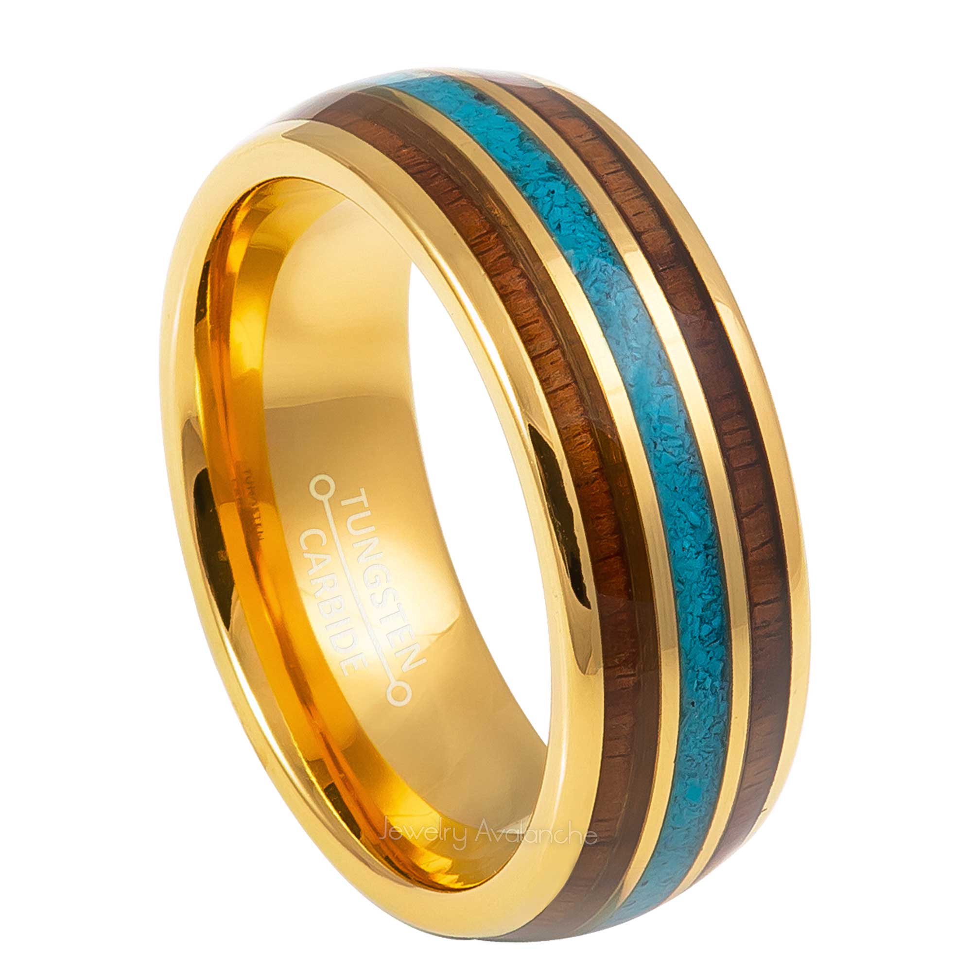 8mm Mens Yellow Gold Tungsten Wedding Band, Wood & Turquoise Inlay Comfort-Fit, Dome Style, Tungsten Carbide Ring