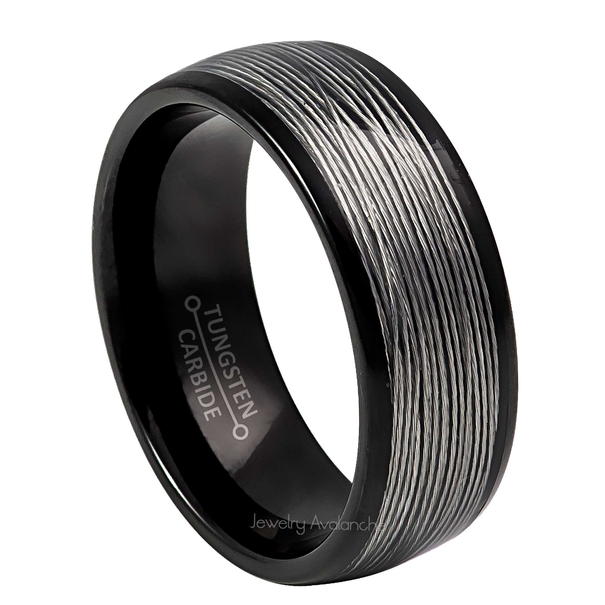 8mm Mens Black Tungsten Wedding Band, Wire Inlay Comfort-Fit, Dome Style, Tungsten Carbide Ring