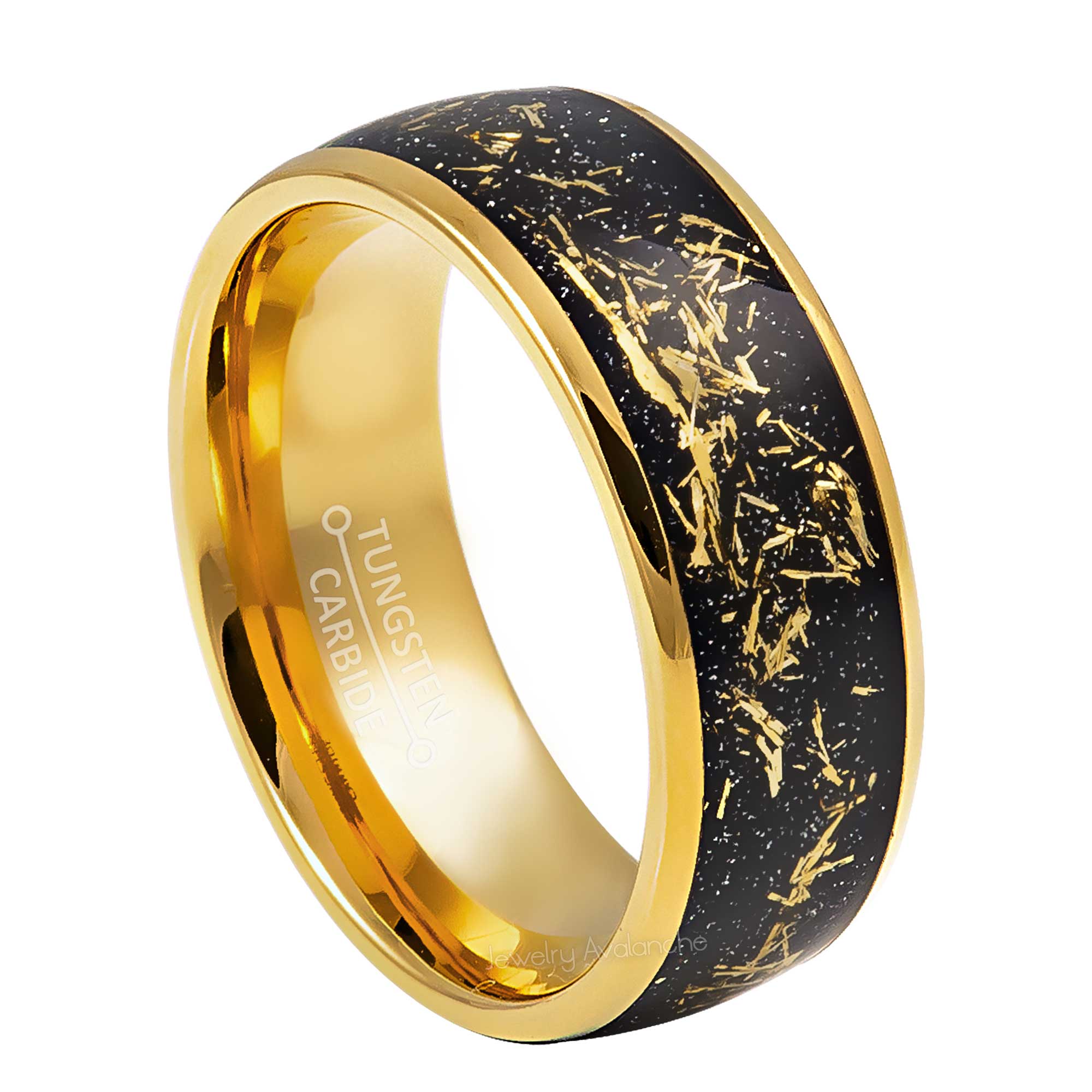 8mm Mens Yellow Gold Tungsten Wedding Band, Metallic Shavings Inlay Comfort-Fit, Dome Style, Tungsten Carbide Ring