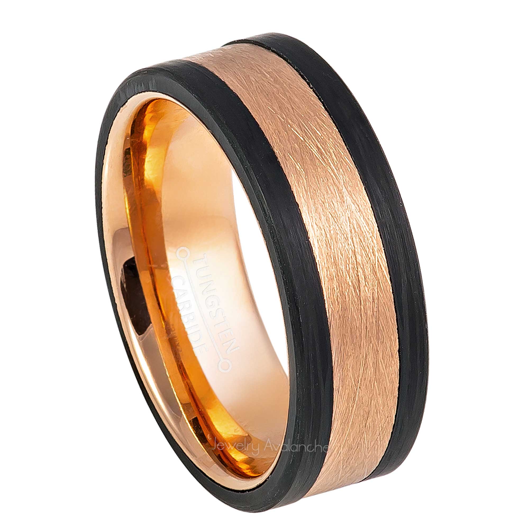 8mm Mens 2-Tone Tungsten Wedding Band, Carbon Fiber Sides Comfort-Fit, Pipe Cut Style, Tungsten Carbide Ring