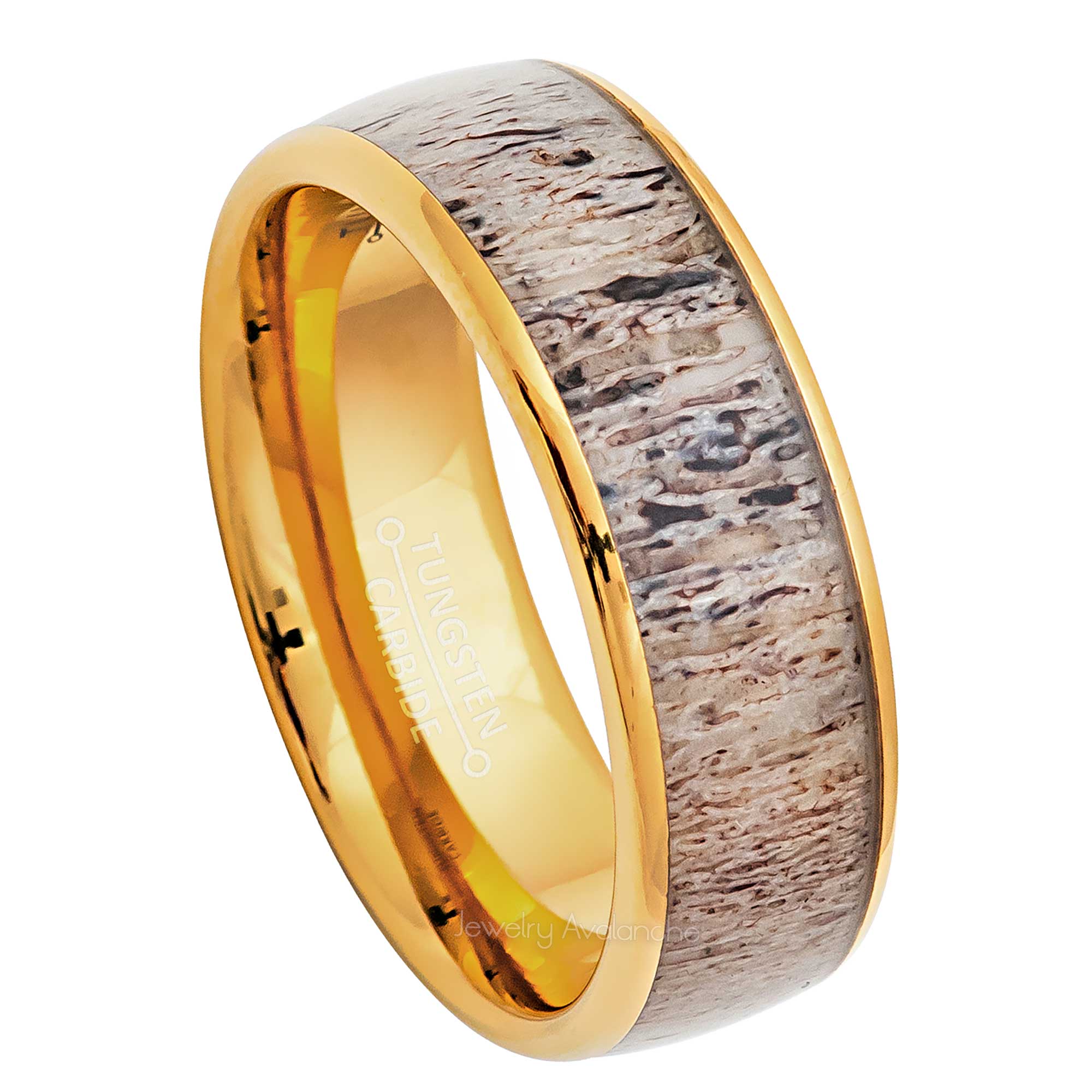 8mm Mens Yellow Gold Tungsten Wedding Band, Deer Inlay Comfort-Fit, Dome Style, Tungsten Carbide Ring