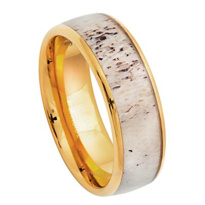 8mm Mens Yellow Gold Tungsten Wedding Band, Deer Inlay Comfort-Fit, Dome Style, Tungsten Carbide Ring