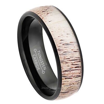 8mm Mens Black Tungsten Wedding Band, Deer Inlay Comfort-Fit, Dome Style, Tungsten Carbide Ring