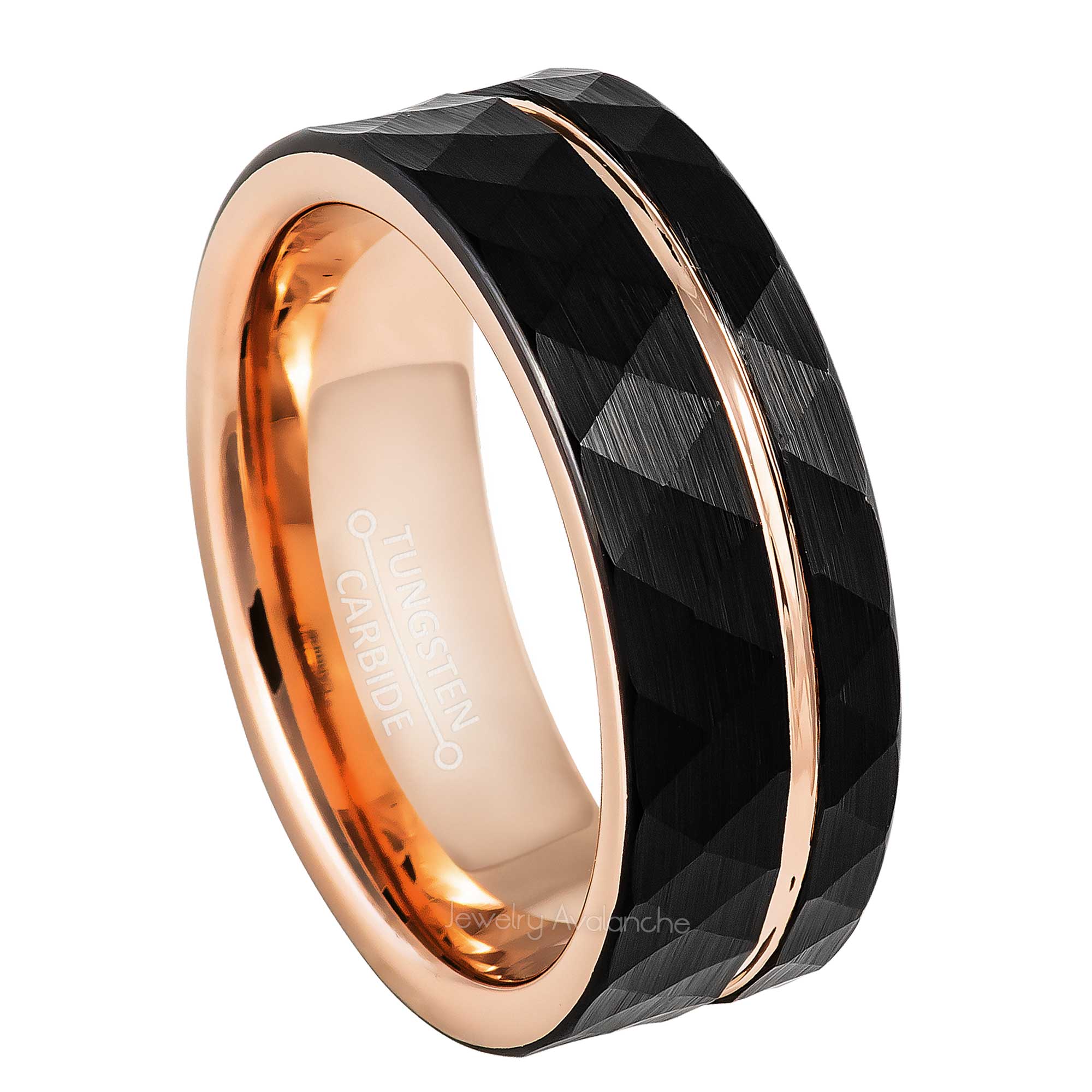 8mm Mens 2-Tone Tungsten Wedding Band, Faceted Finish Off Center Groove Comfort-Fit, Pipe Cut Style, Tungsten Carbide Ring