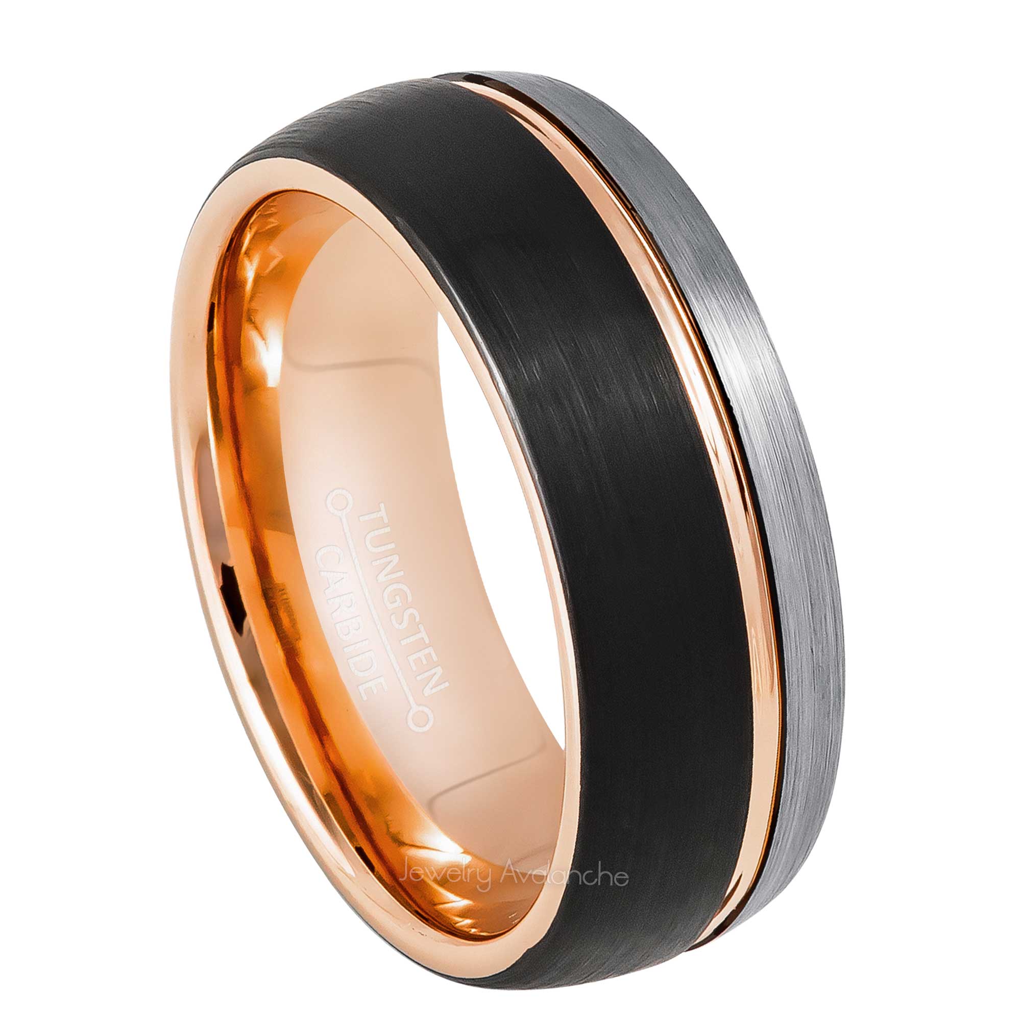 8mm Mens 3-Tone Tungsten Wedding Band, Brushed Finish Off Center Groove Comfort-Fit, Dome Style, Tungsten Carbide Ring