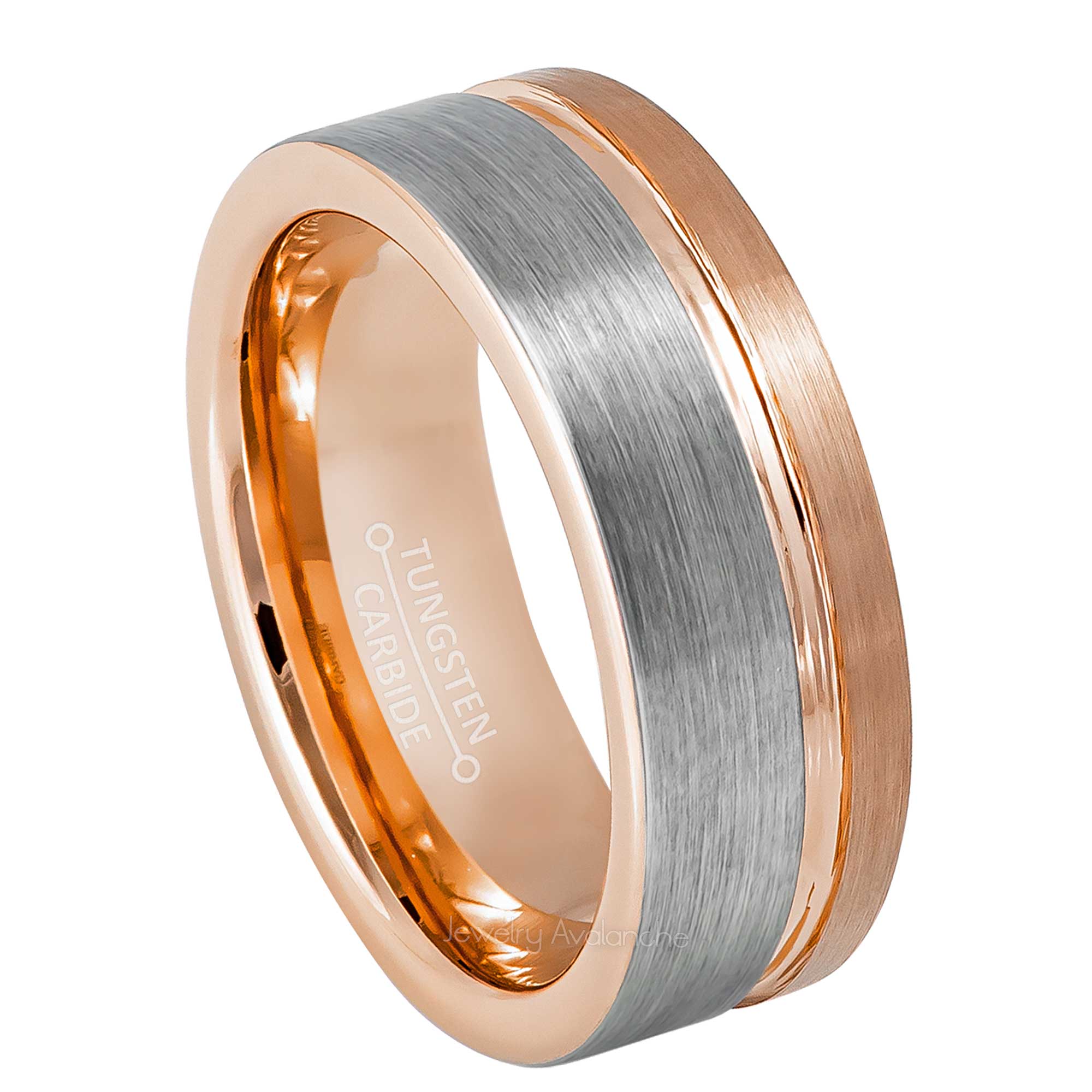 8mm Mens 2-Tone Tungsten Wedding Band, Brushed Finish Off Center Groove Comfort-Fit, Pipe Cut Style, Tungsten Carbide Ring