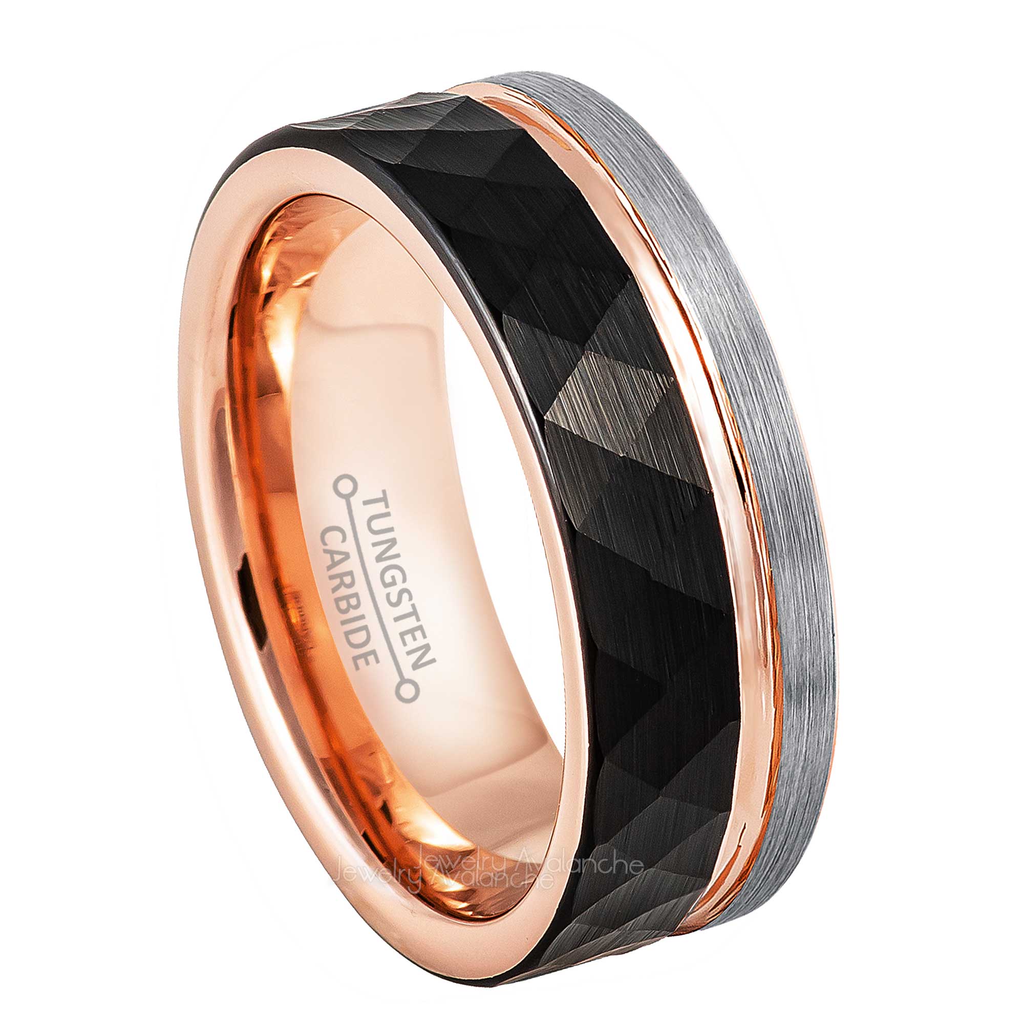 8mm Mens 3-Tone Tungsten Wedding Band, Hammered Finish Off Center Groove Comfort-Fit, Pipe Cut Style, Tungsten Carbide Ring