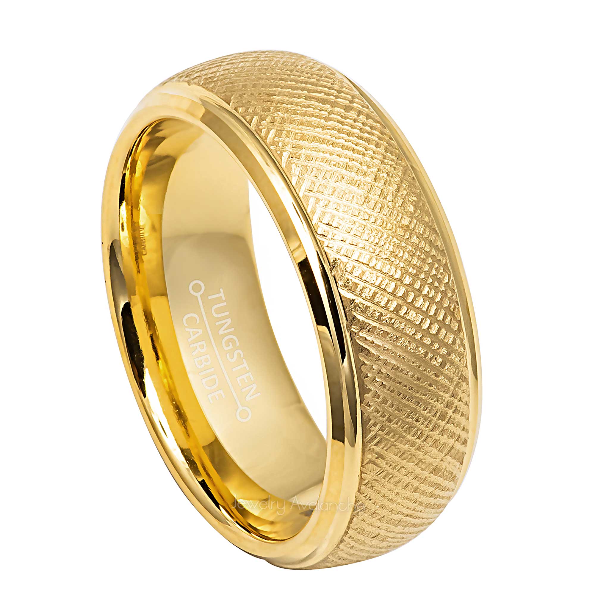 8mm Mens Yellow Gold Tungsten Wedding Band, Florentine Finish Comfort-Fit, Dome Stepped Edge Style, Tungsten Carbide Ring