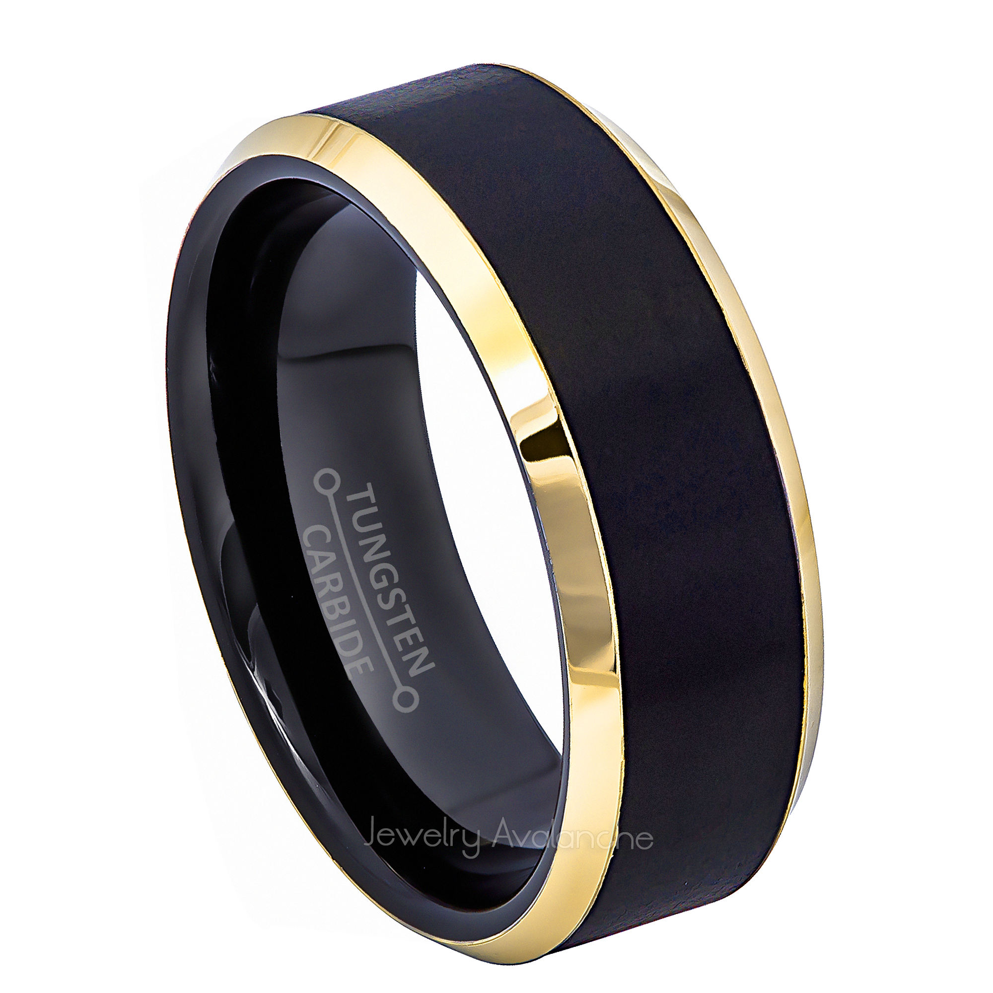 8mm Mens 2-Tone Tungsten Wedding Band, Brushed Center Comfort-Fit, Yellow Gold Beveled Edge Style, Tungsten Carbide Ring