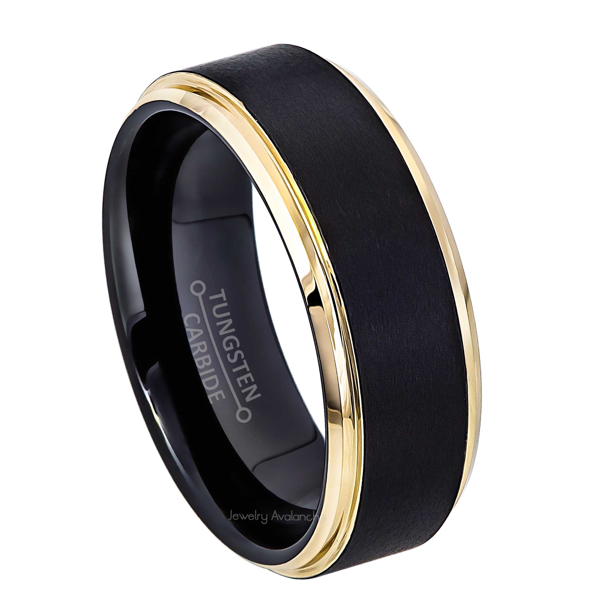 8mm Mens 2-Tone Tungsten Wedding Band, Brushed Center Comfort-Fit, Stepped Edge Style, Tungsten Carbide Ring