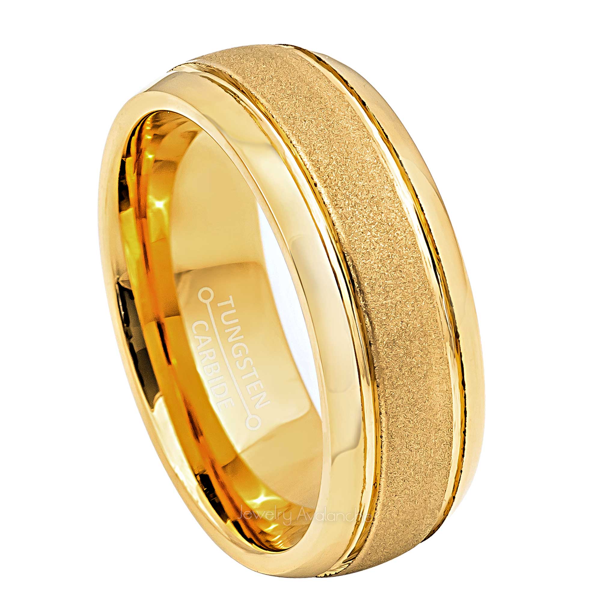 8mm Mens Gold Tungsten Wedding Band, Sandstone Finish Comfort-Fit, Dome Style, Tungsten Carbide Ring