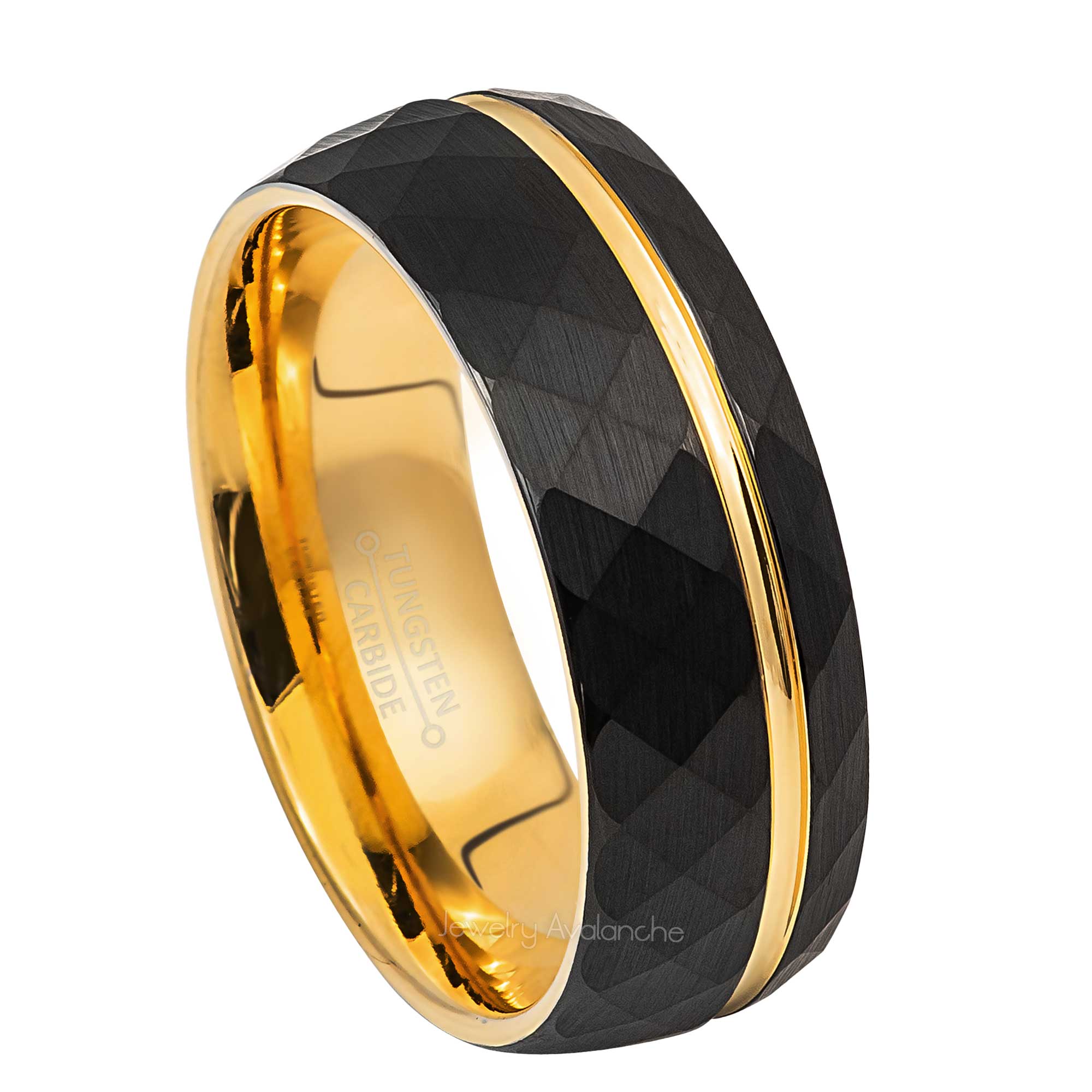 8mm Mens 2-Tone Tungsten Wedding Band, Faceted Finish Off Center Groove Comfort-Fit, Dome Style, Tungsten Carbide Ring