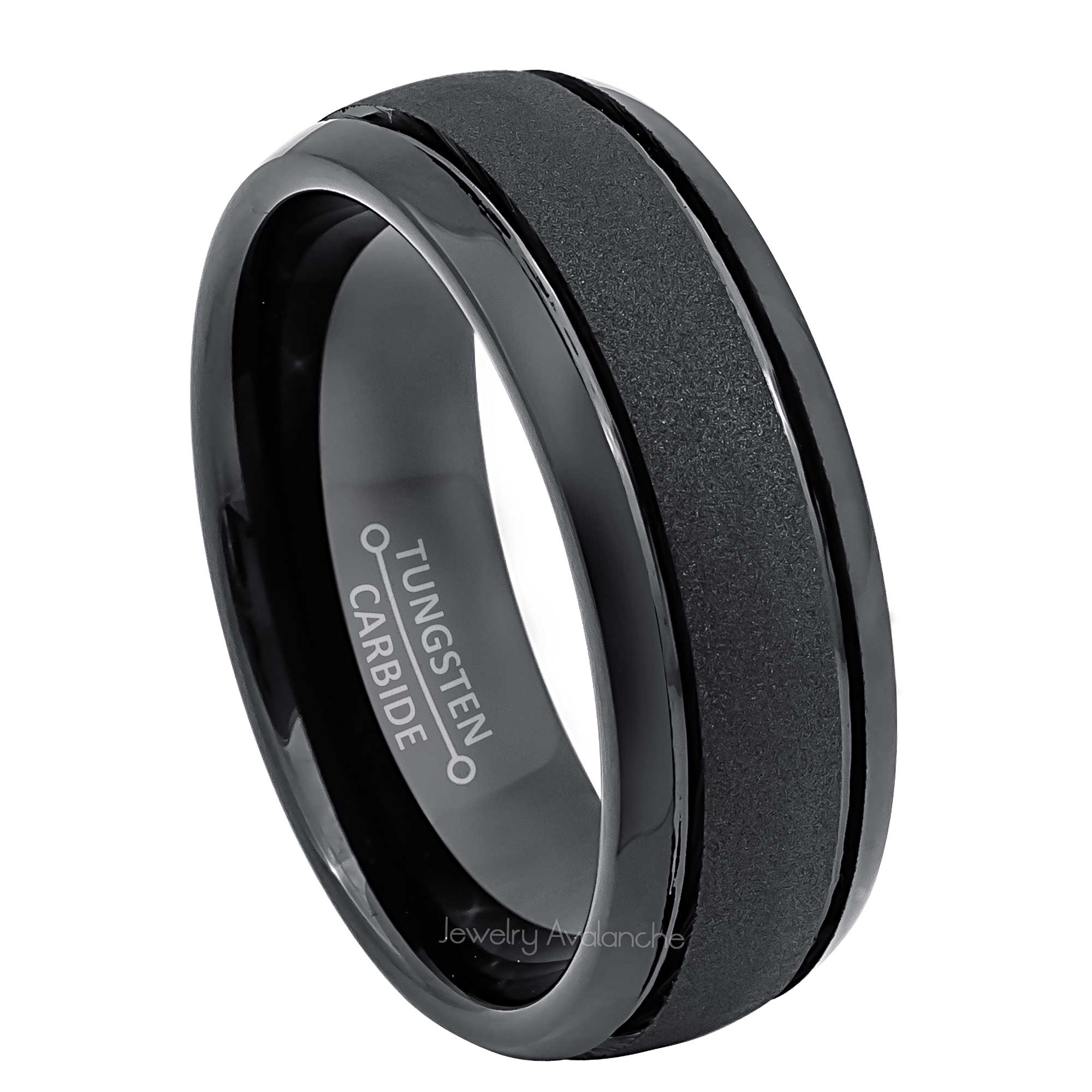 8mm Mens Black Tungsten Wedding Band, Sandstone Finish Comfort-Fit, Dome Style, Tungsten Carbide Ring