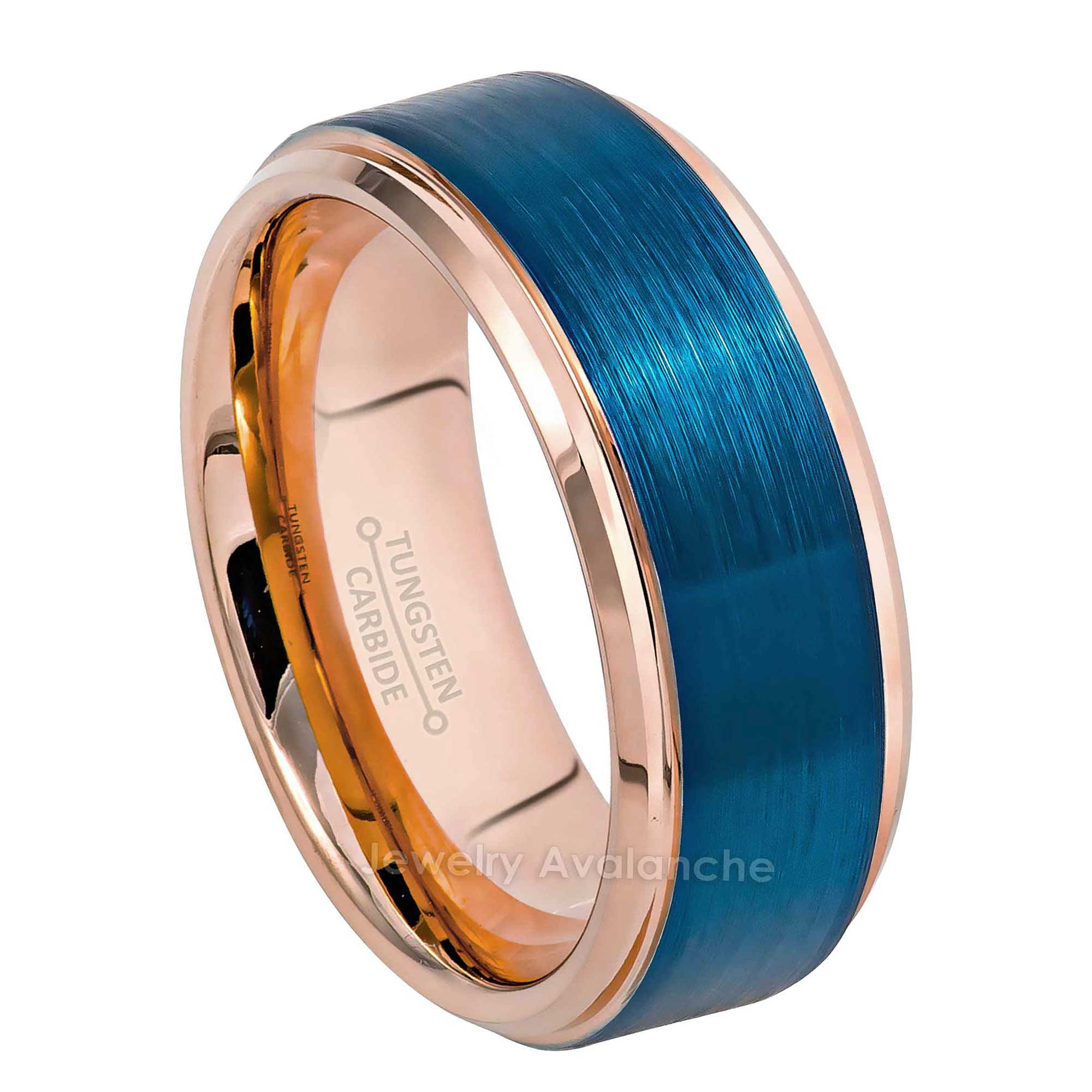 8mm Mens 2-Tone Tungsten Wedding Band, Blue Brushed Center Comfort-Fit, Stepped Edge Style, Tungsten Carbide Ring