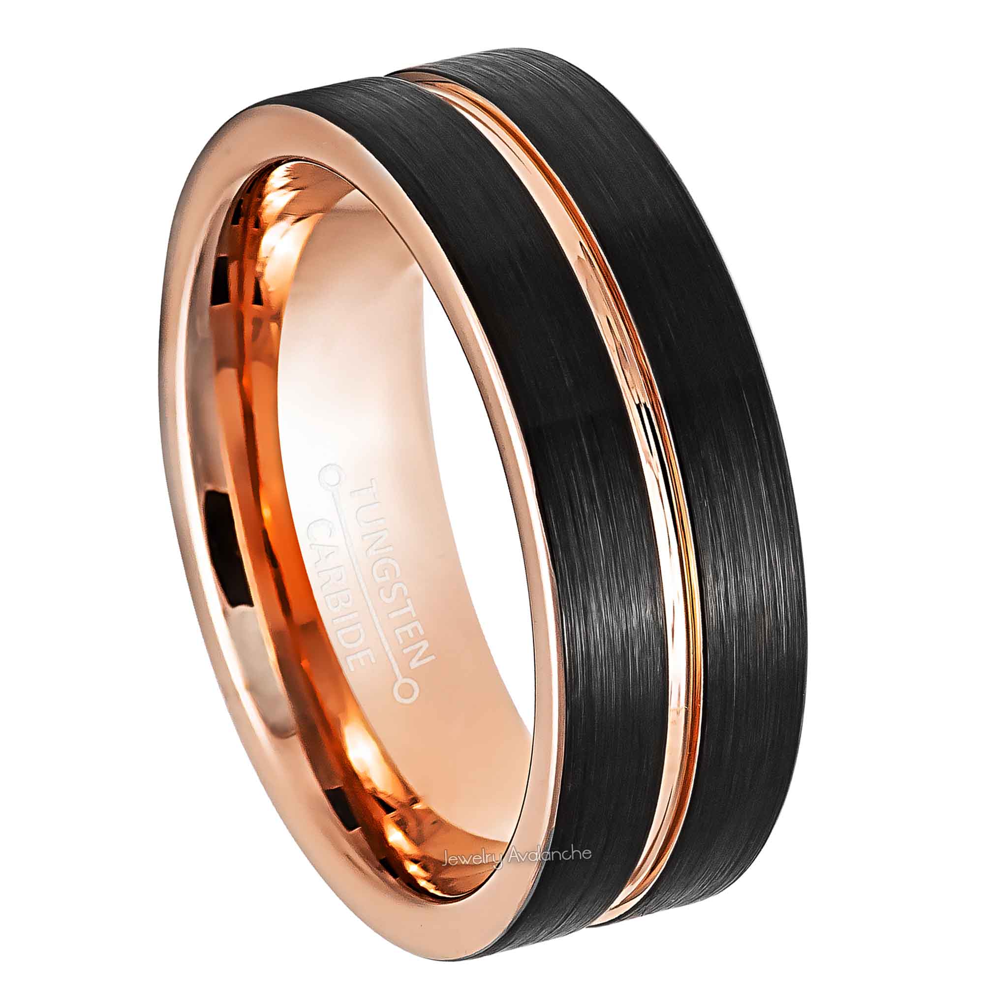 8mm Mens 2-Tone Tungsten Wedding Band, Black Brushed Finish, Groove Center Comfort-Fit, Pipe Cut Style, Tungsten Carbide Ring