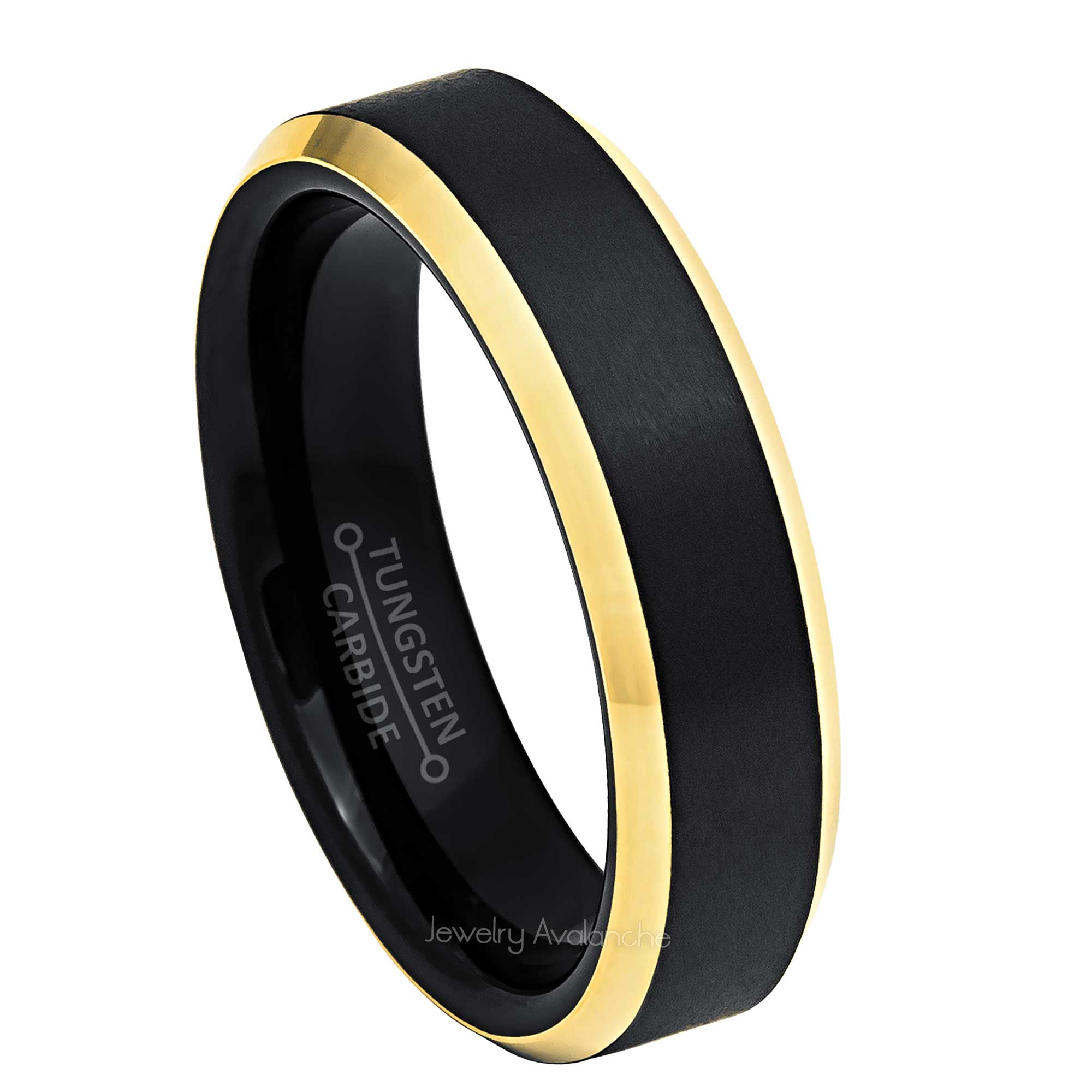 6mm Womens 2-Tone Tungsten Wedding Band, Brushed Center Comfort-Fit, Yellow Gold Beveled Edge Style, Tungsten Carbide Ring