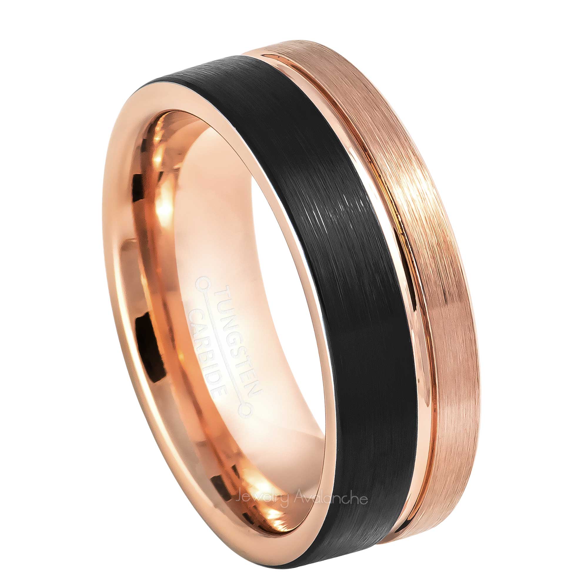 8mm Mens 2-Tone Tungsten Wedding Band, Black Brushed Finish, Off Center Groove Comfort-Fit, Pipe Cut Style, Tungsten Carbide Ring