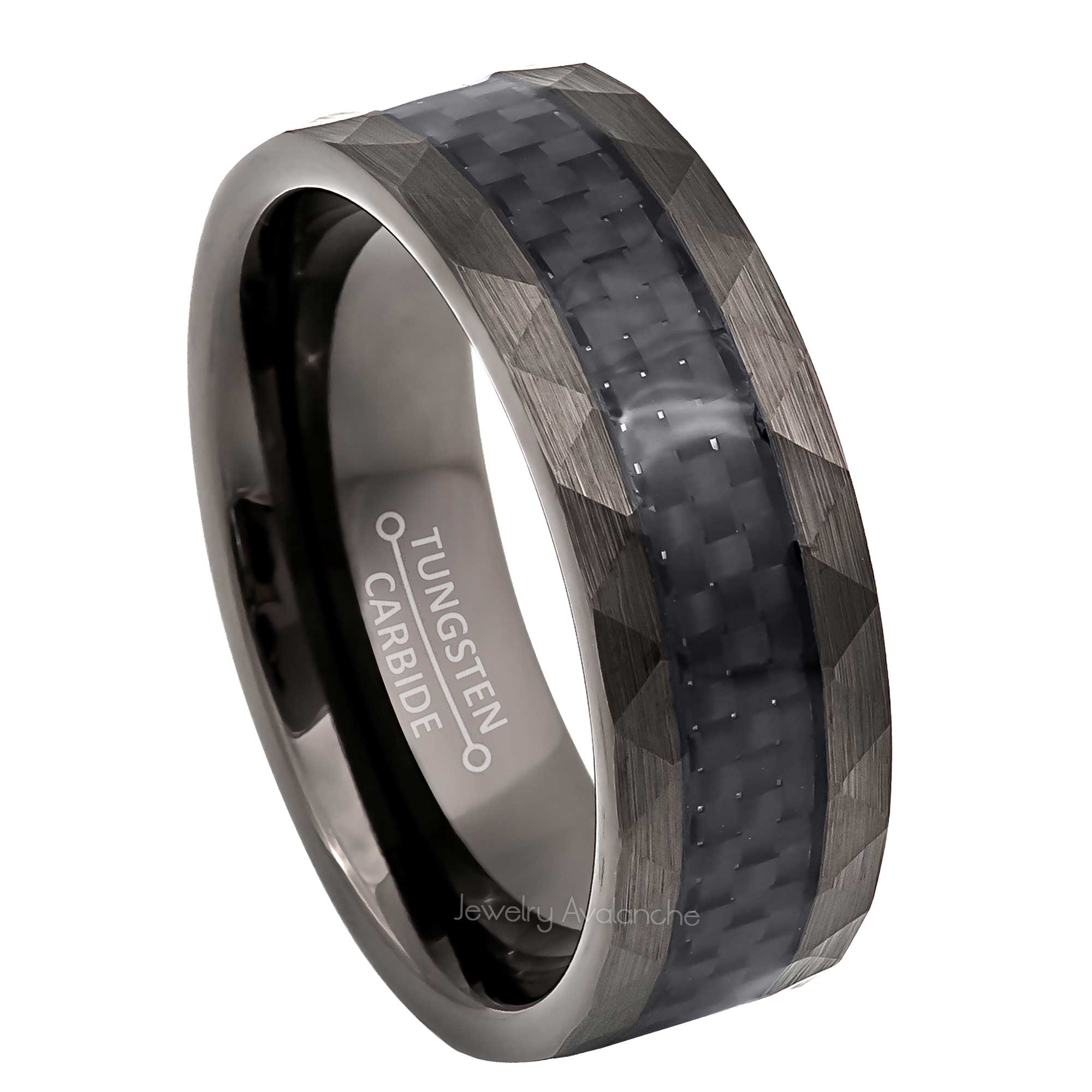 8mm Mens Gun Metal Tungsten Wedding Band, Carbon Fiber Center Comfort-Fit, Pipe Cut Style, Tungsten Carbide Ring