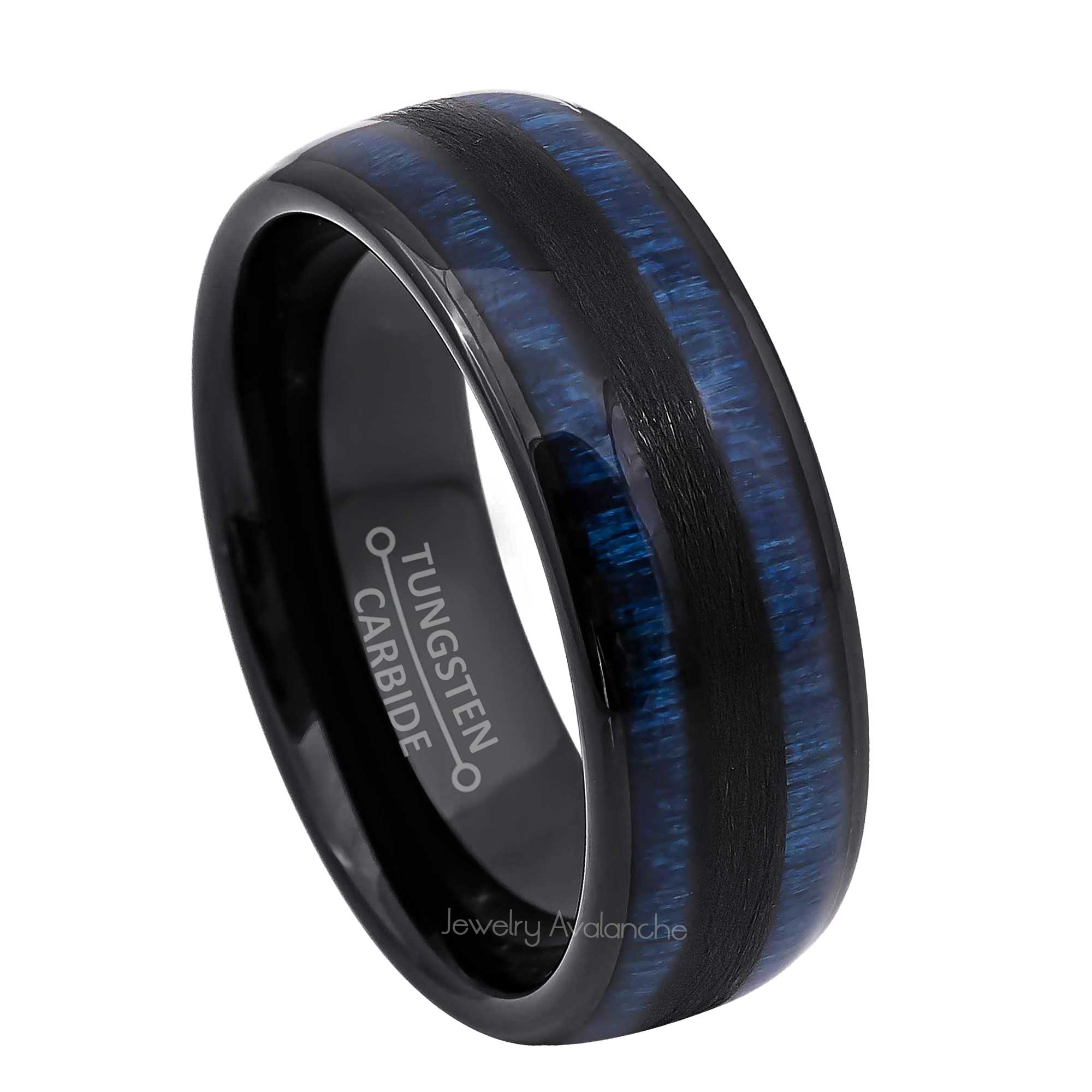 8mm Mens Black Tungsten Wedding Band, Blue Wood Inlay Comfort-Fit, Dome Style, Tungsten Carbide Ring