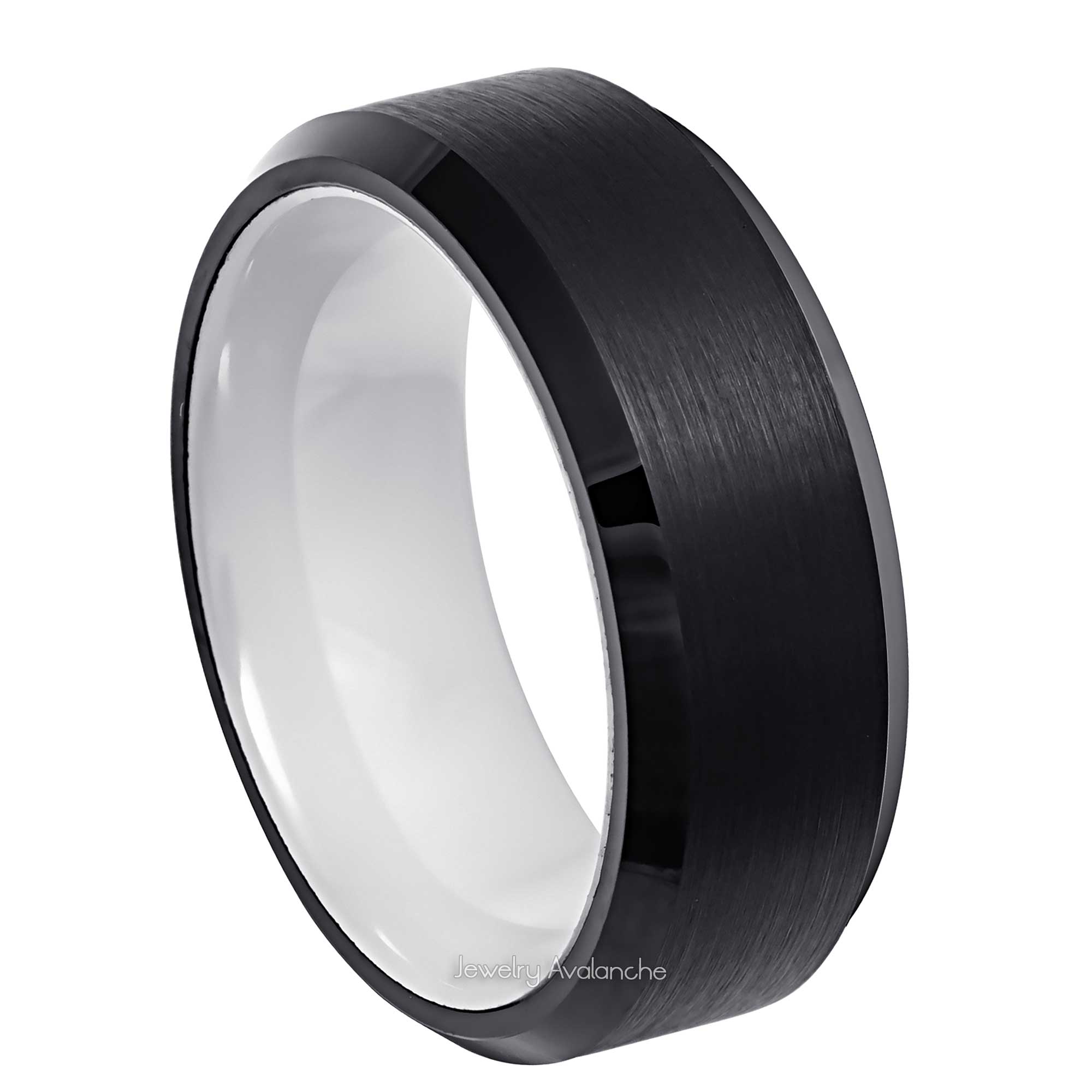 8mm Mens 2-Tone White Band Tungsten Wedding Ring, Black Brushed Finish Comfort-Fit, Beveled Edge Style, Tungsten Carbide Ring