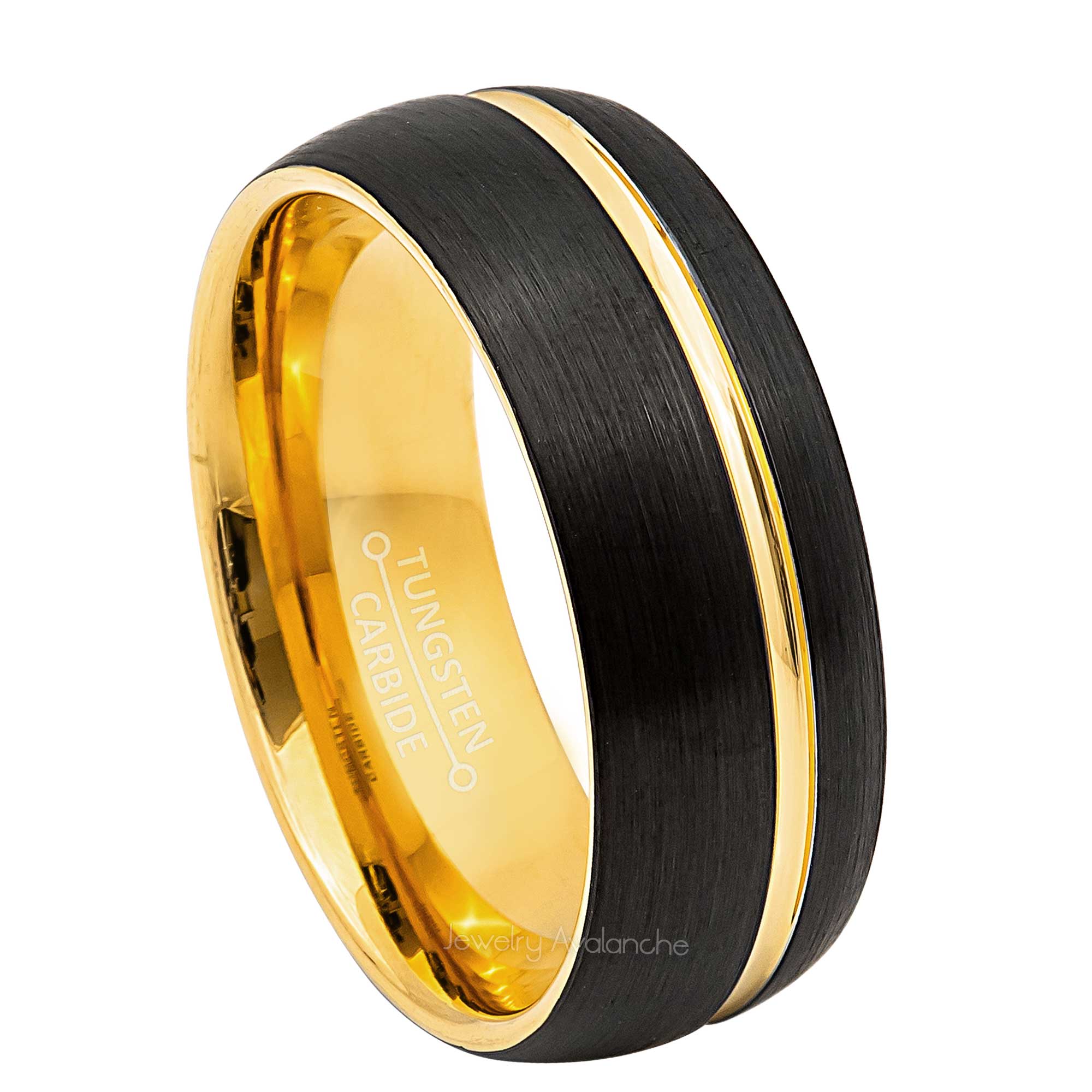 8mm Mens 2-Tone Tungsten Wedding Band, Brushed Finish Off Center Groove Comfort-Fit, Dome Style, Tungsten Carbide Ring