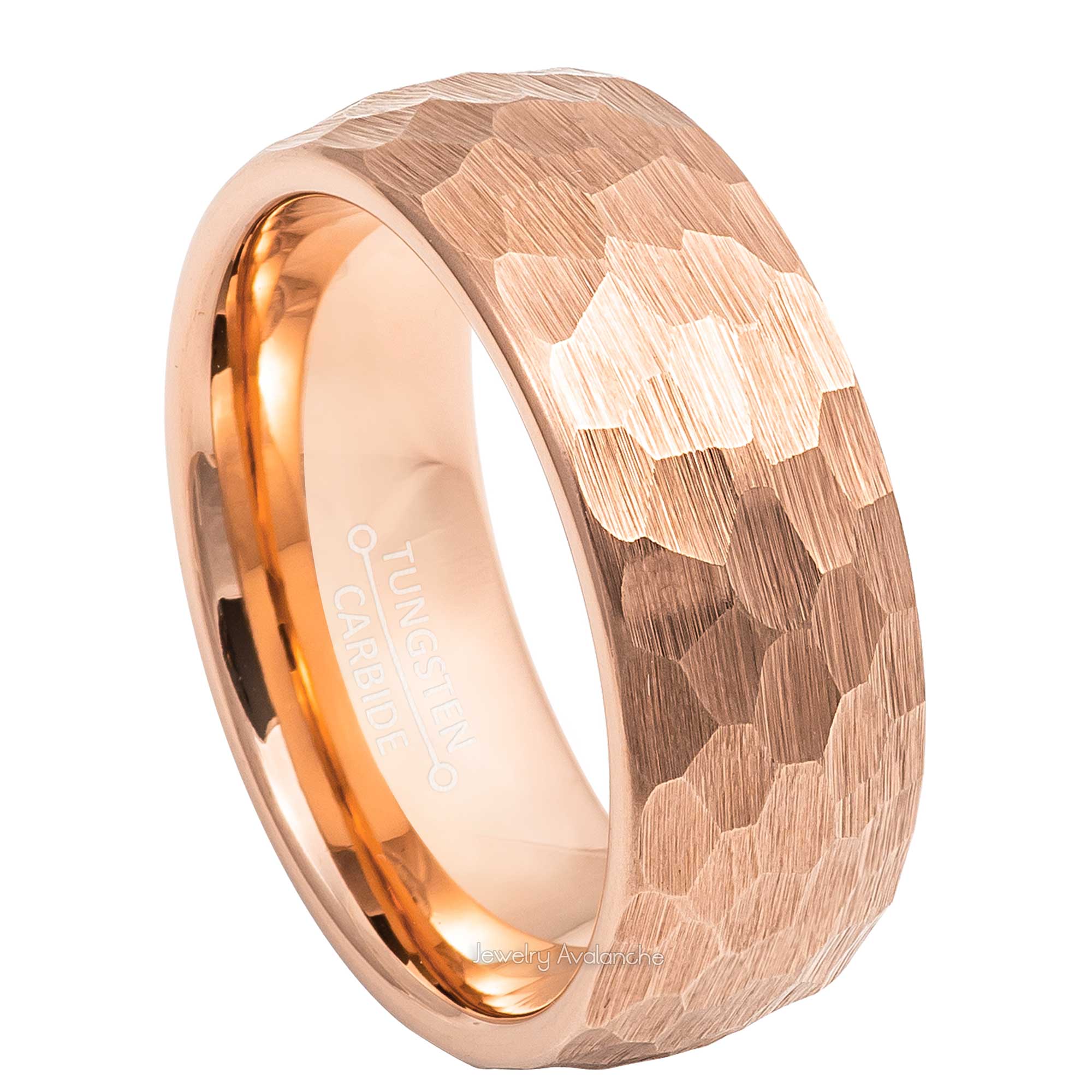 8mm Mens Rose Gold Tungsten Wedding Band, Hammered Finish Comfort-Fit, Dome Style, Tungsten Carbide Ring