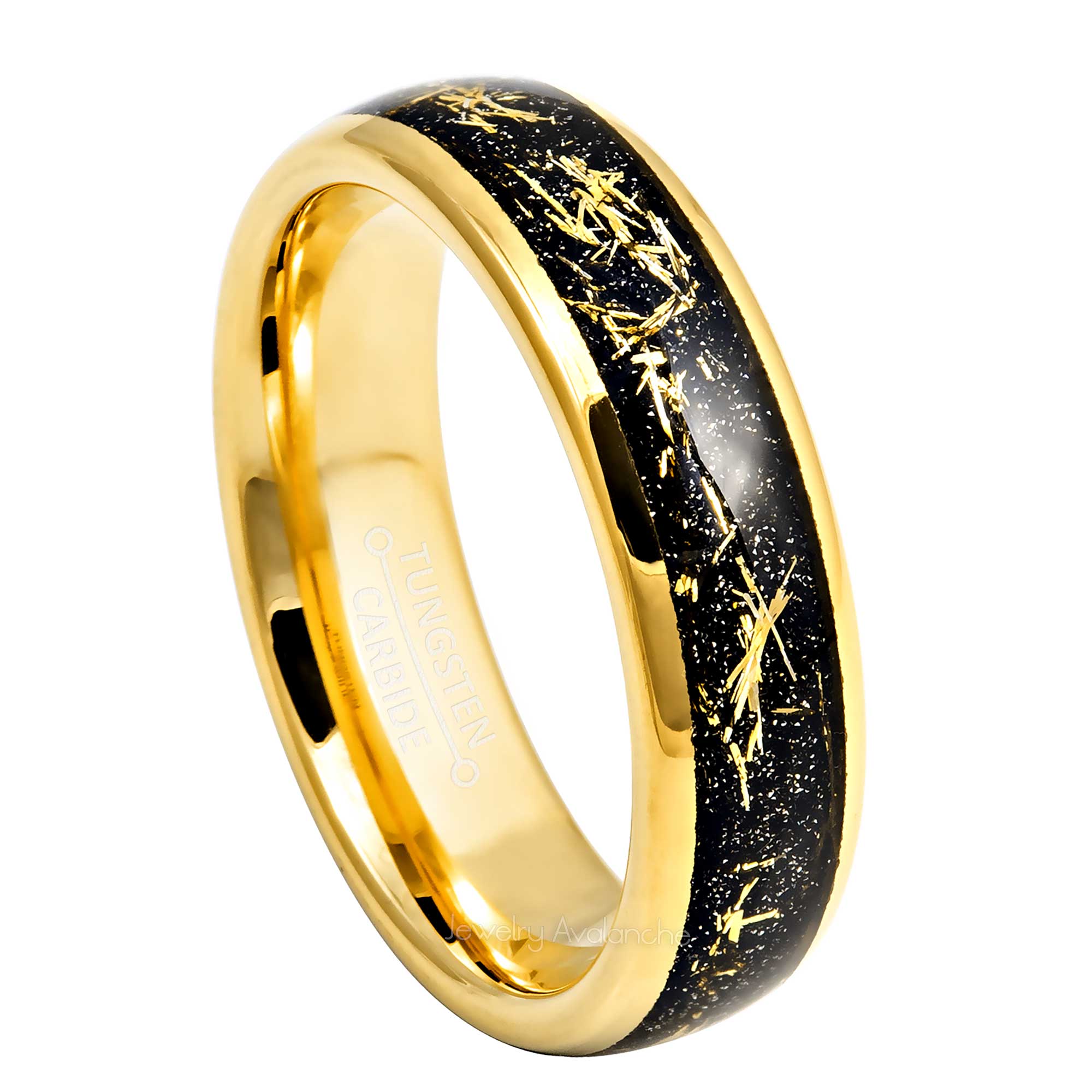 6mm Womens Yellow Gold Tungsten Wedding Band, Metallic Shavings Inlay Comfort-Fit, Dome Style, Tungsten Carbide Ring