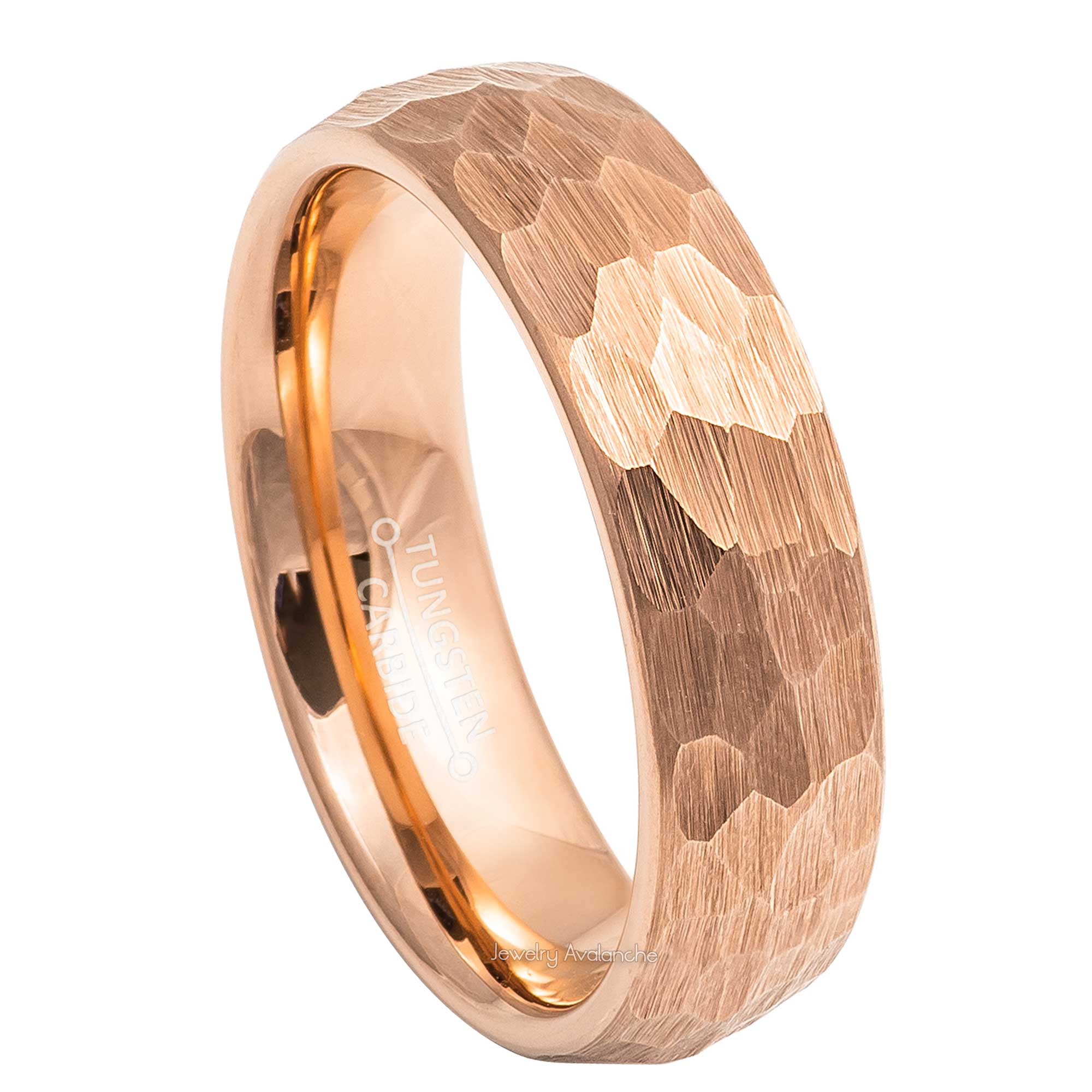 6mm Womens Rose Gold Tungsten Wedding Band, Hammered Finish Comfort-Fit, Dome Style, Tungsten Carbide Ring