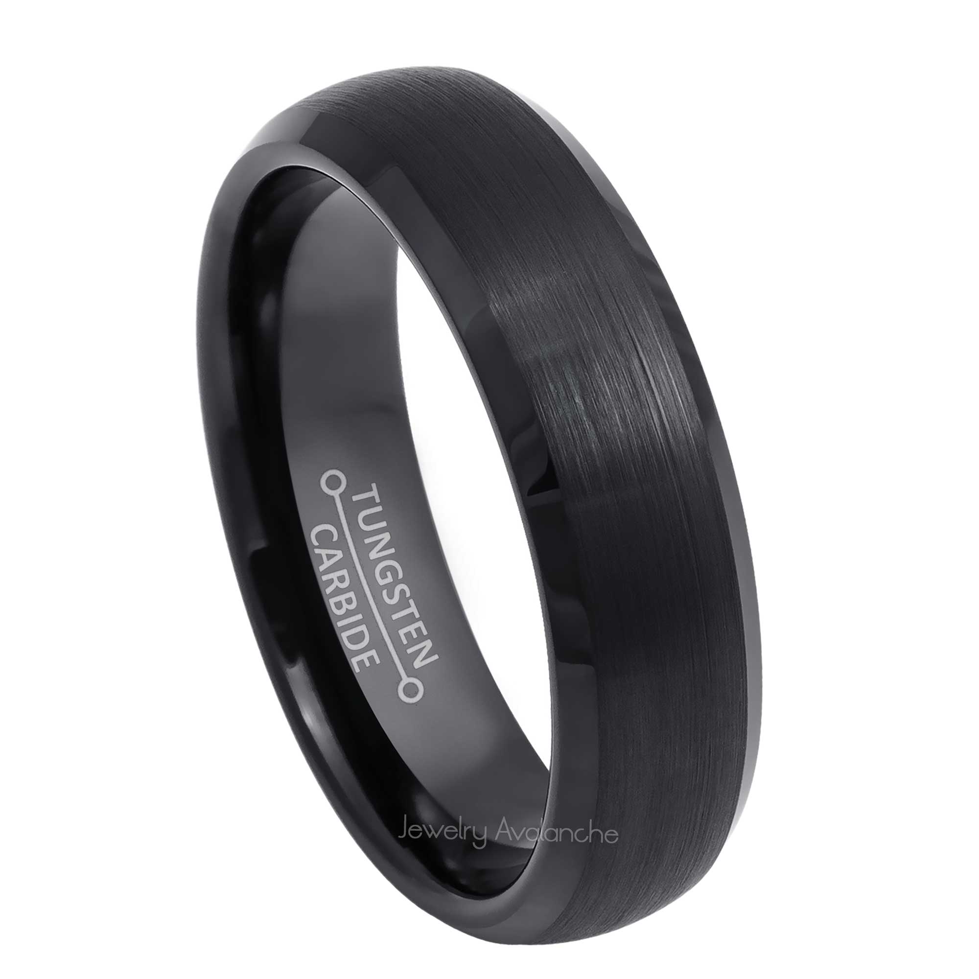 6mm Womens Black Tungsten Wedding Band, Brushed Center Comfort-Fit, Beveled Edge Style, Tungsten Carbide Ring