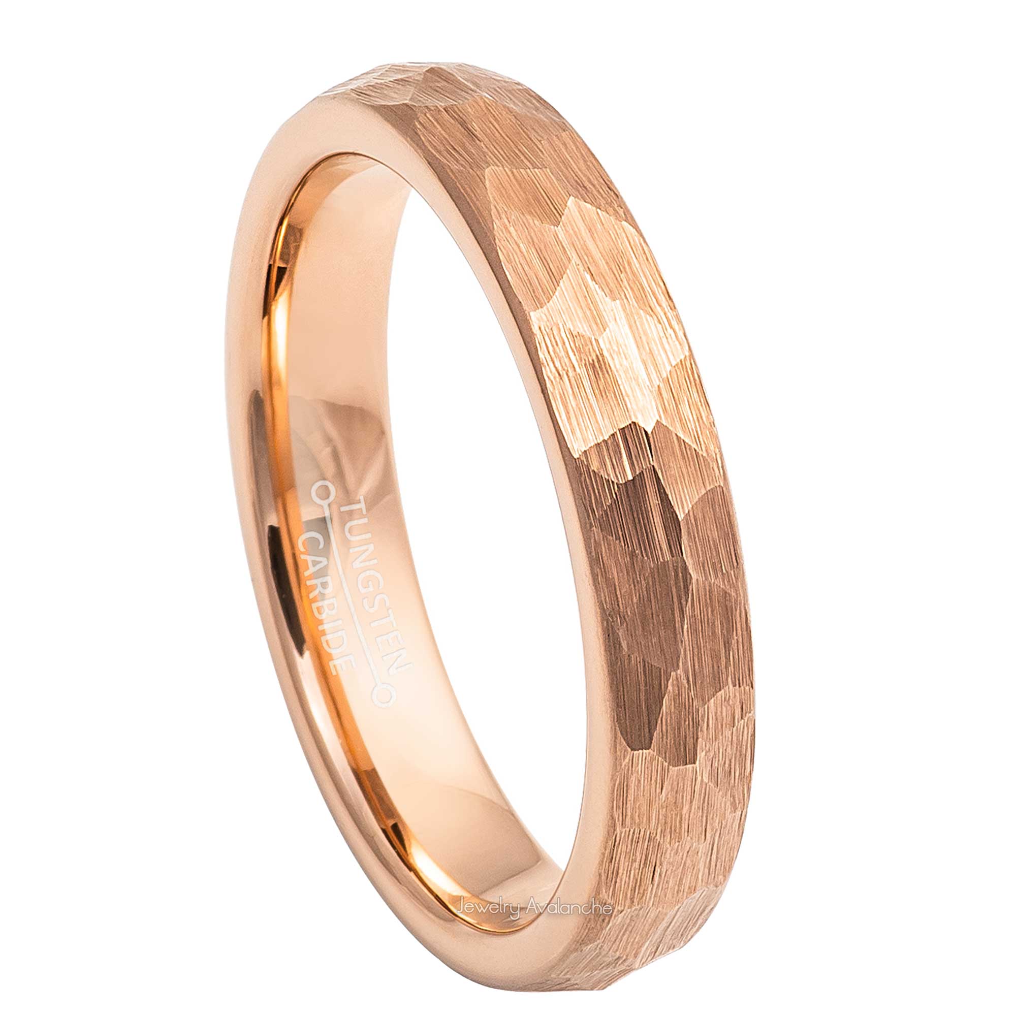 4mm Womens Rose Gold Tungsten Wedding Band, Hammered Finish Comfort-Fit, Dome Style, Tungsten Carbide Ring