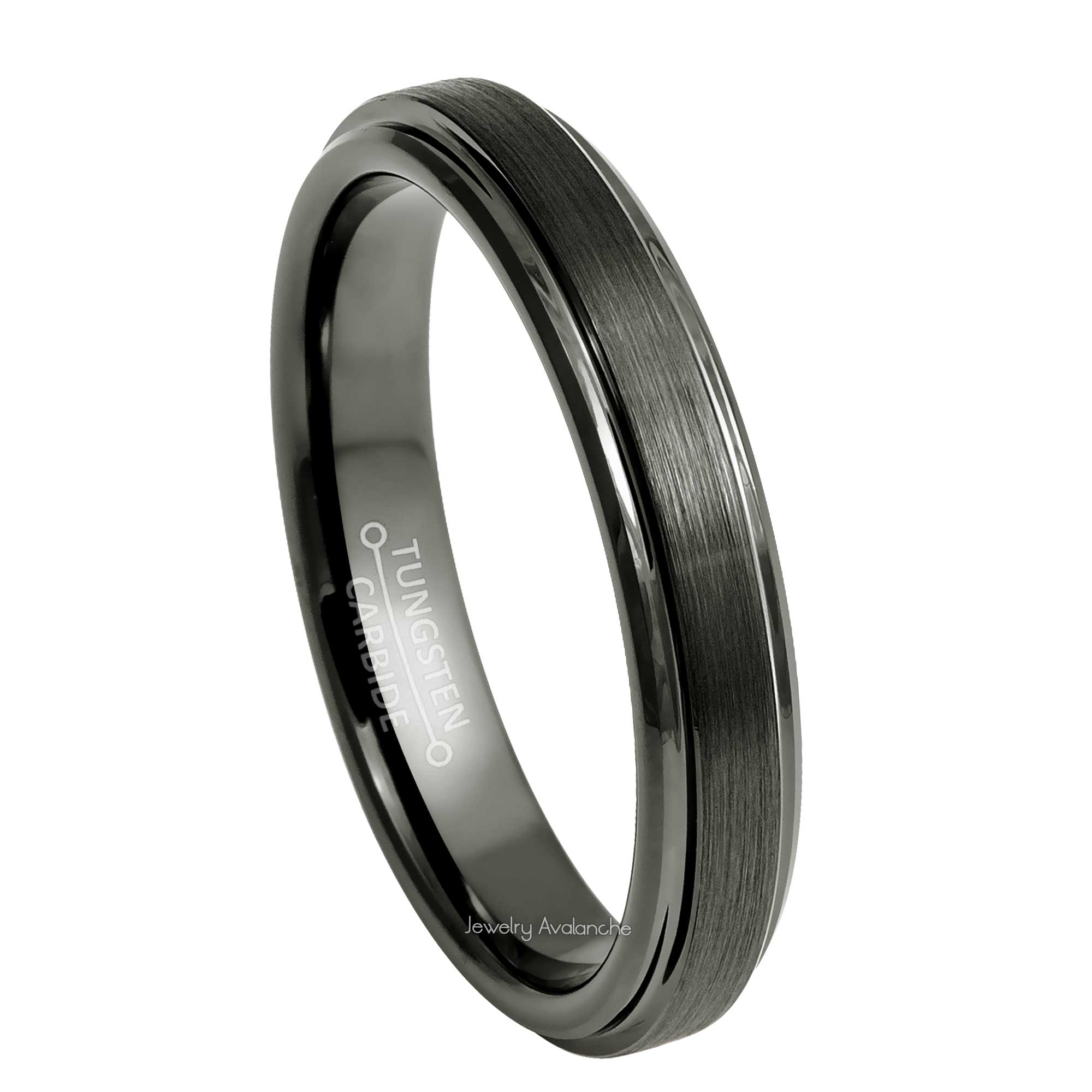 4mm Womens Gun Metal Tungsten Wedding Band, Brushed Center Comfort-Fit, Stepped Edge Style, Tungsten Carbide Ring