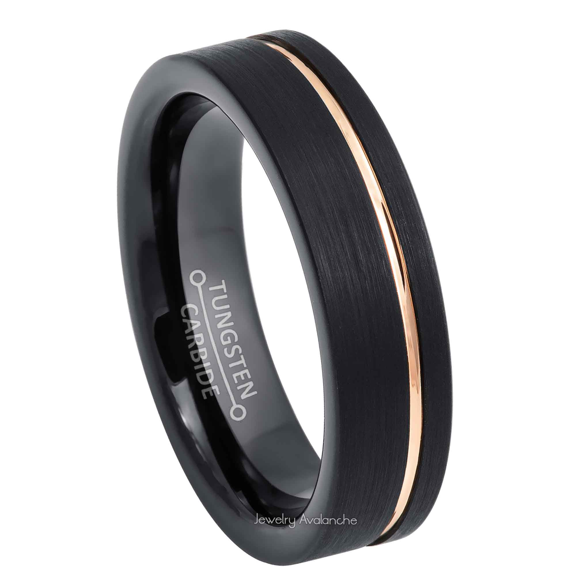 6mm Womens Black Tungsten Wedding Band, Off Center Groove Comfort-Fit, Pipe Cut Style, Tungsten Carbide Ring