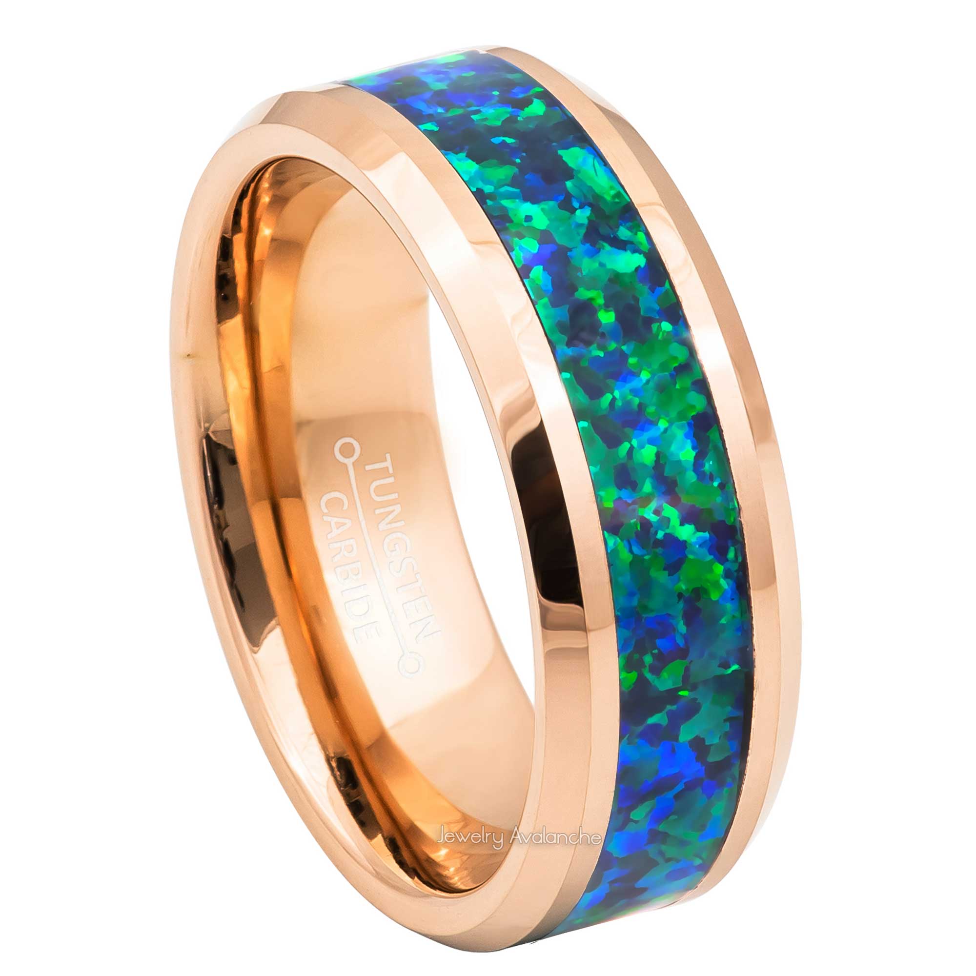 8mm Mens Rose Gold Tungsten Wedding Band, Emerald Opal Inlay Comfort-Fit, Beveled Edge Style, Tungsten Carbide Ring