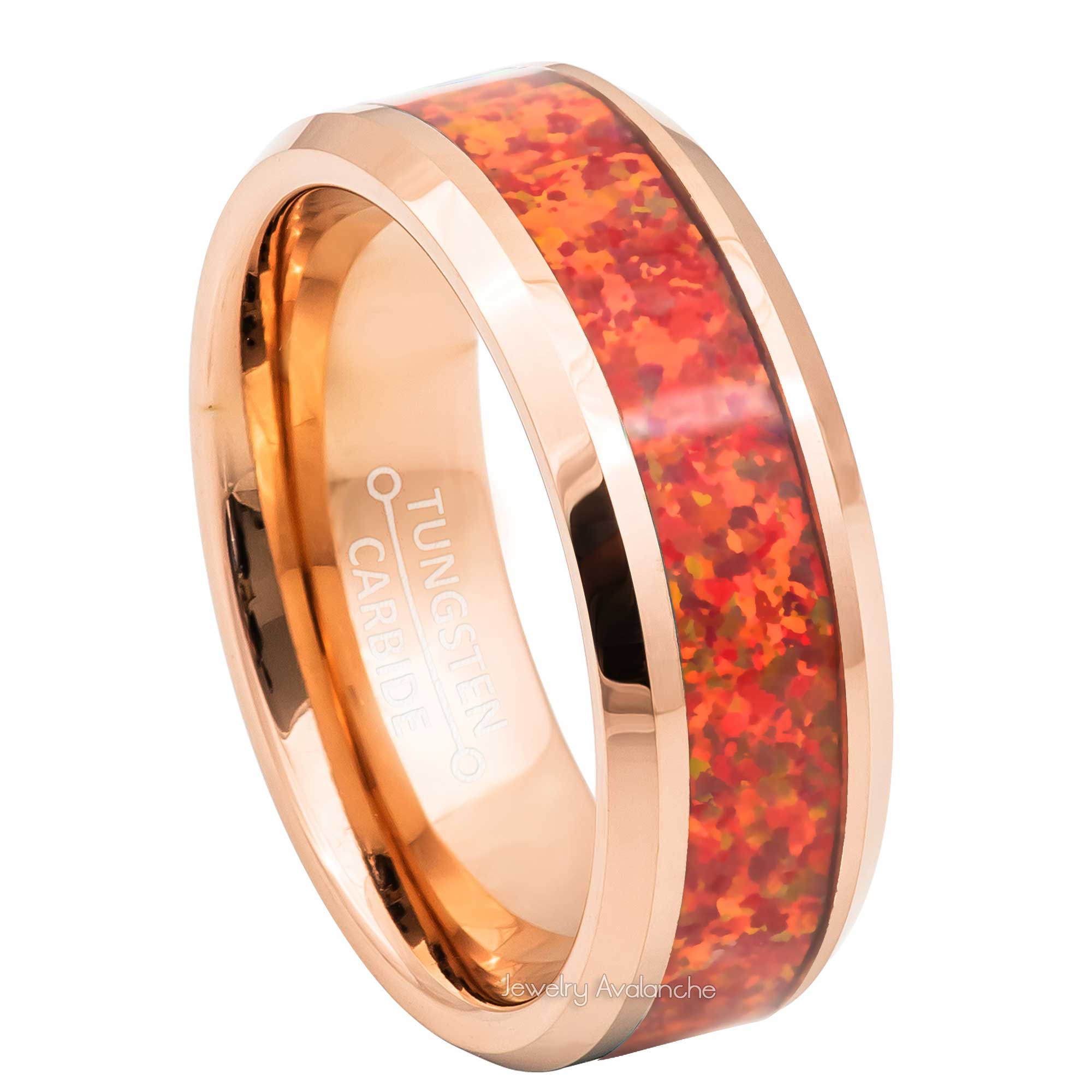 8mm Mens Rose Gold Tungsten Wedding Band, Fire Opal Inlay Comfort-Fit, Beveled Edge Style, Tungsten Carbide Ring