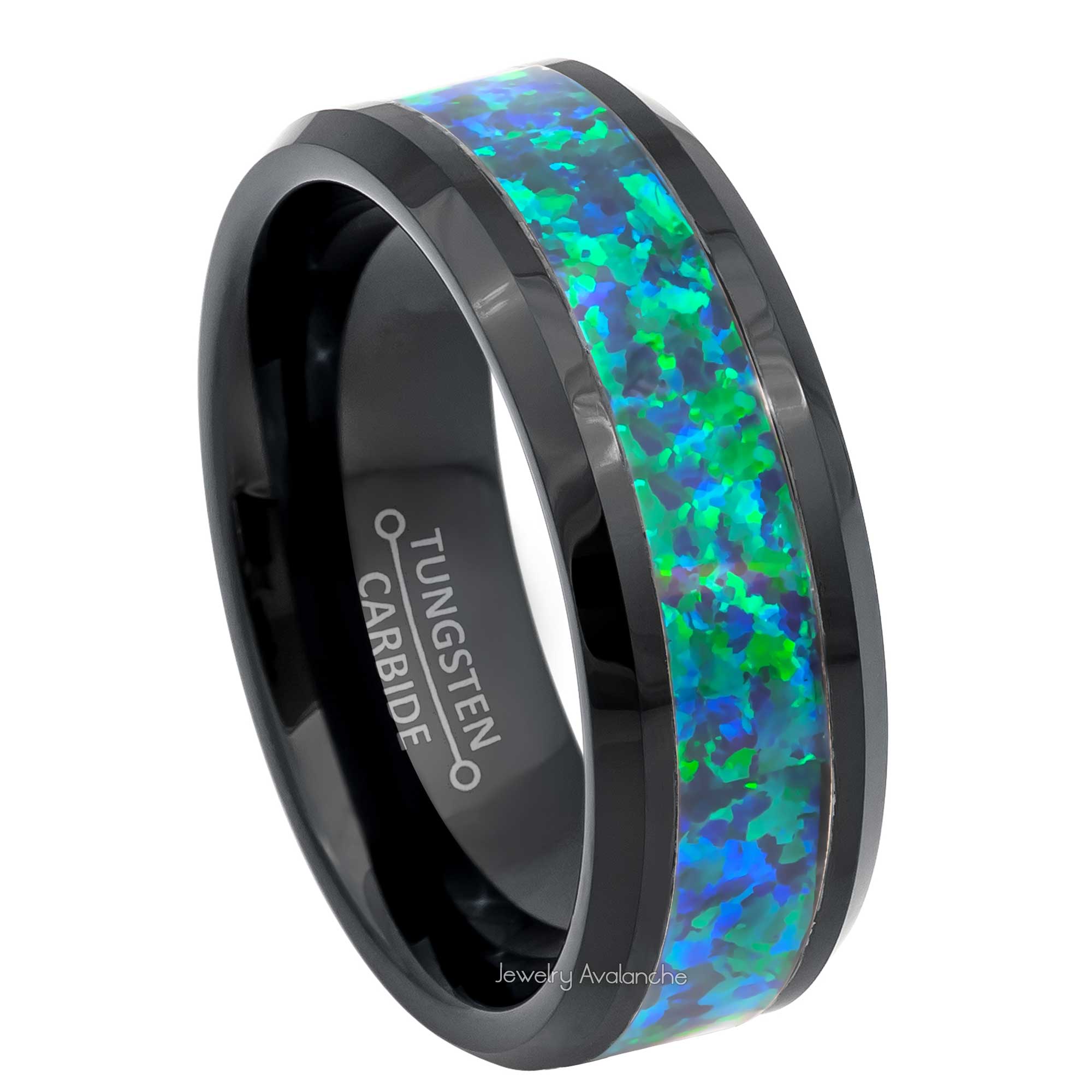 8mm Mens Black Tungsten Wedding Band, Emerald Opal Inlay Comfort-Fit, Beveled Edge Style, Tungsten Carbide Ring