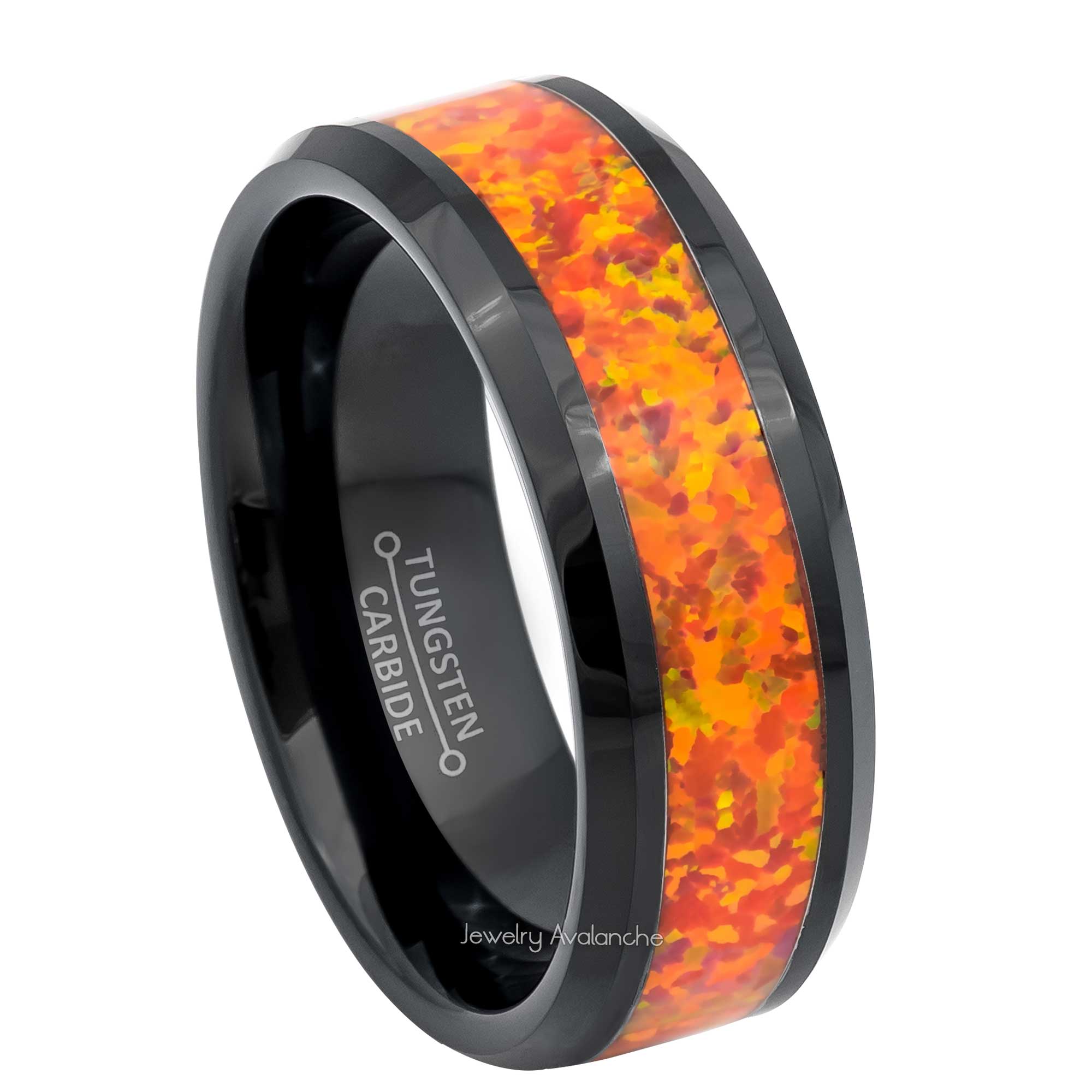 8mm Mens Black Tungsten Wedding Band, Orange Opal Inlay Comfort-Fit, Beveled Edge Style, Tungsten Carbide Ring