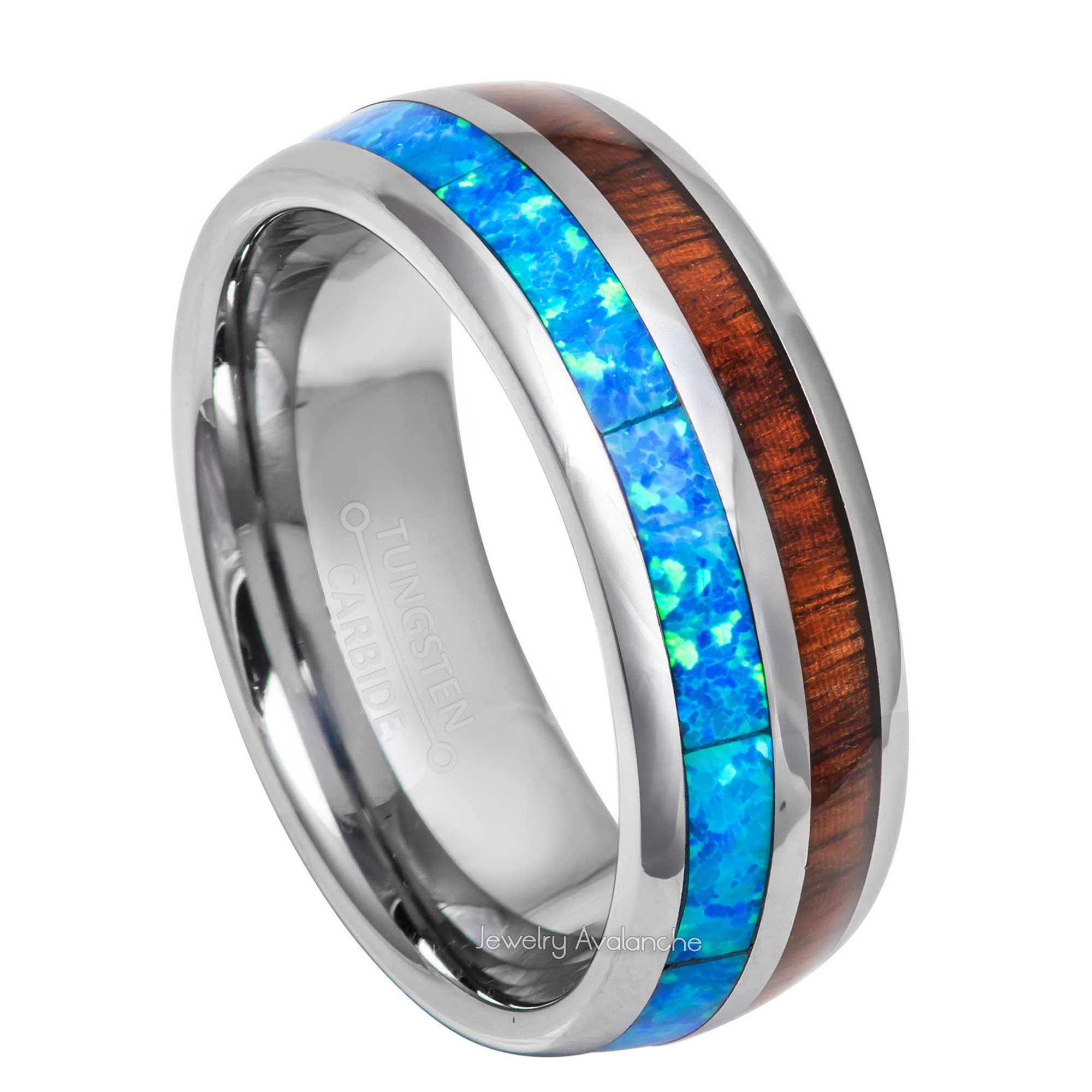 8mm Mens Tungsten Wedding Band, Wood & Blue Opal Inlay Comfort-Fit, Dome Style, Tungsten Carbide Ring