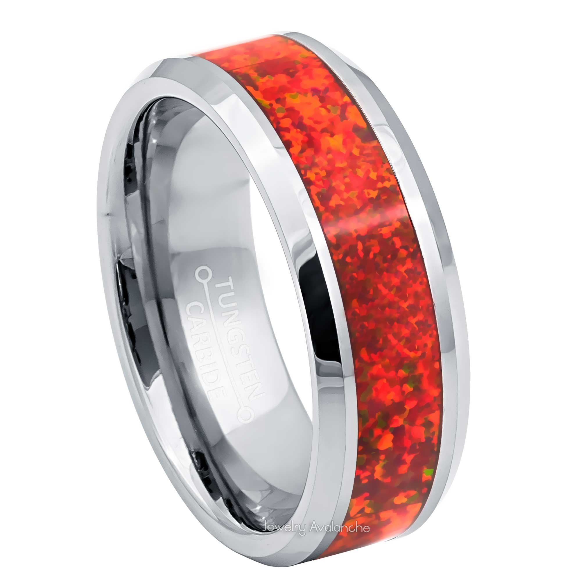 8mm Mens Tungsten Wedding Band, Fire Opal Inlay Comfort-Fit, Beveled Edge Style, Tungsten Carbide Ring