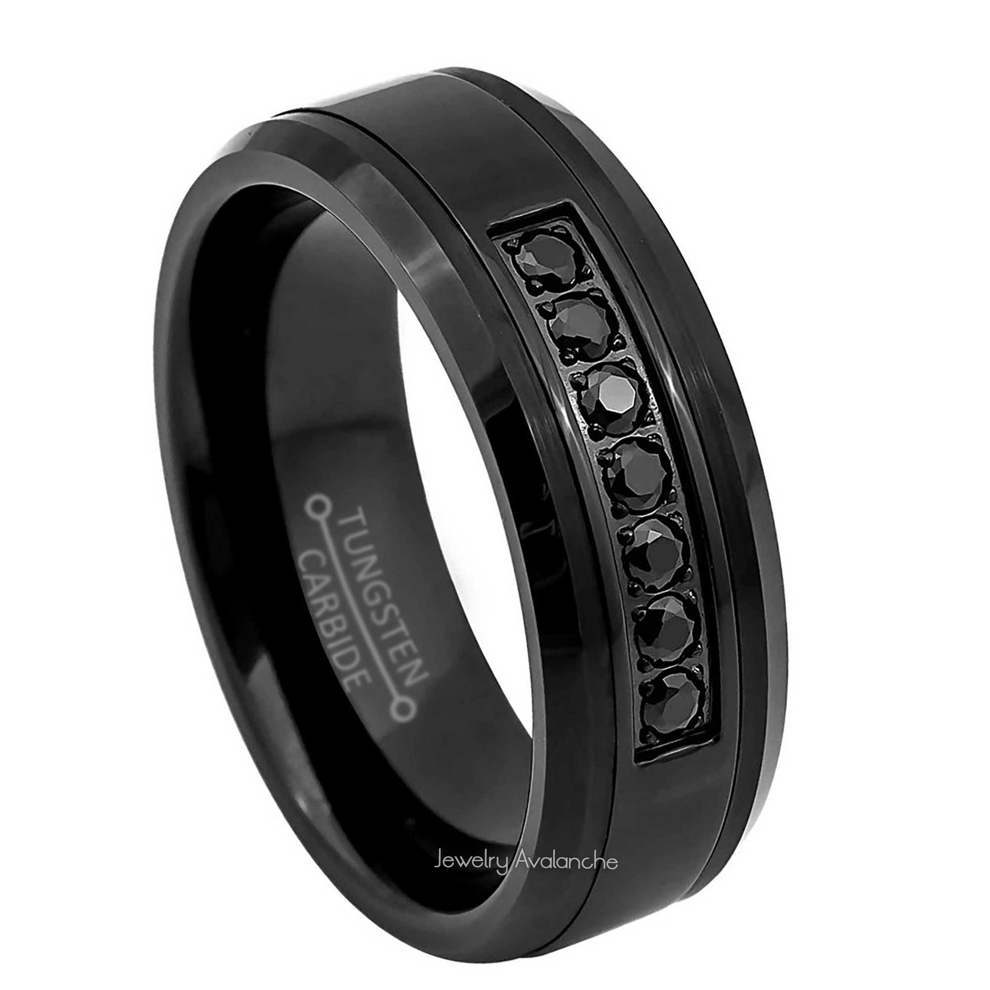 8mm Mens Black Tungsten CZ Wedding Band, 7-Stone Comfort-Fit, Beveled Edge Style, Tungsten Carbide Ring