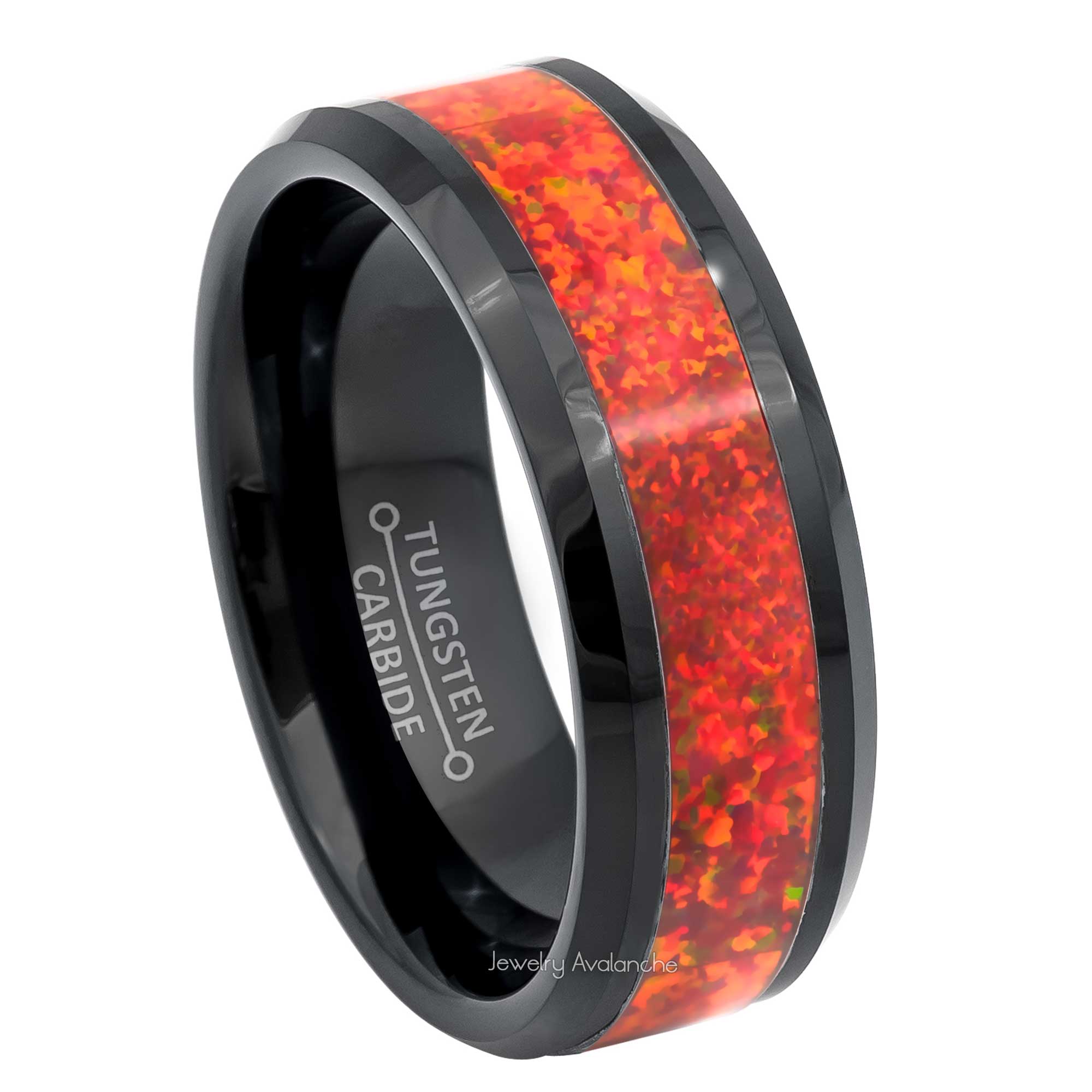 8mm Mens Black Tungsten Wedding Band, Fire Opal Inlay Comfort-Fit, Beveled Edge Style, Tungsten Carbide Ring