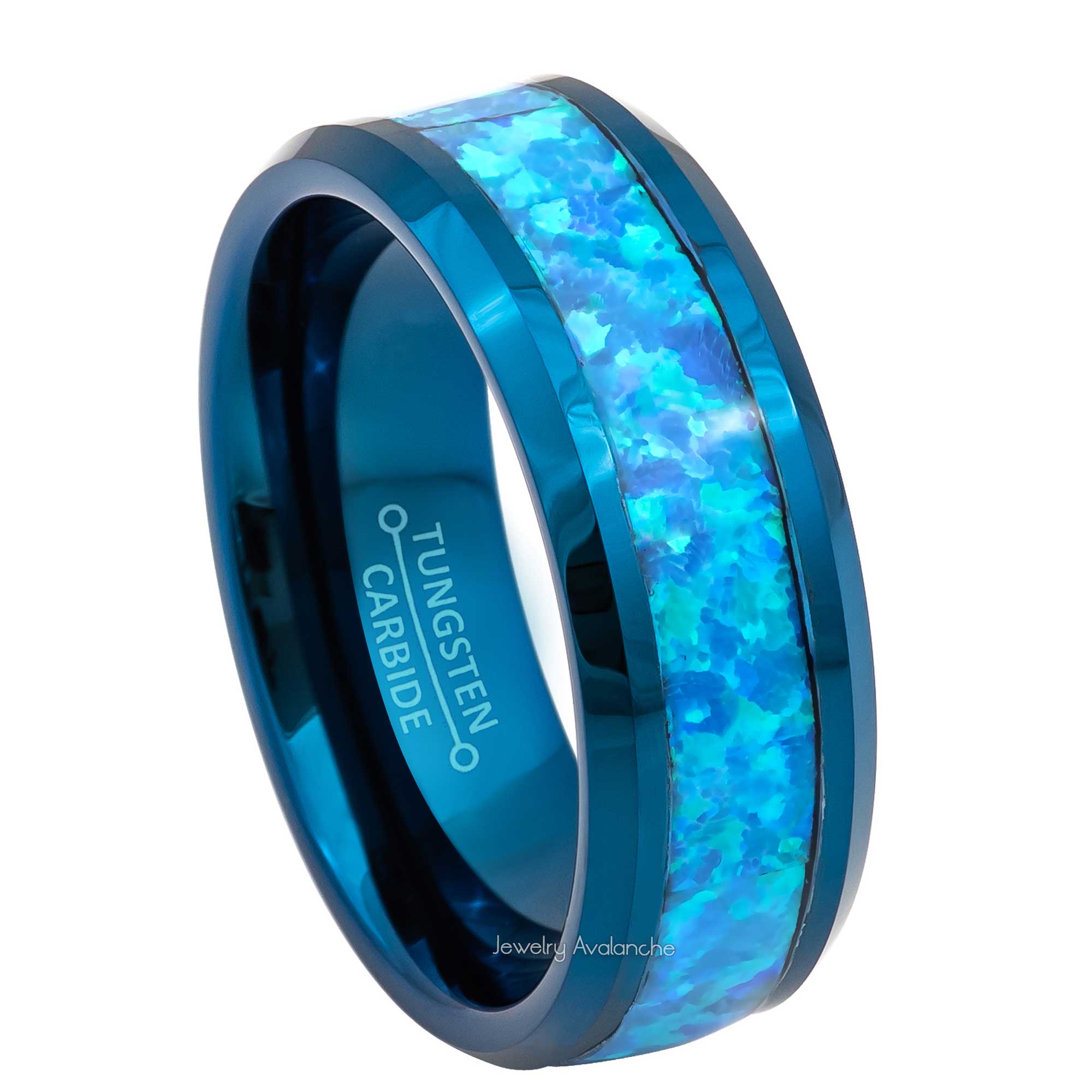 8mm Mens Blue Tungsten Wedding Band, Blue Opal Inlay Comfort-Fit, Beveled Edge Style, Tungsten Carbide Ring